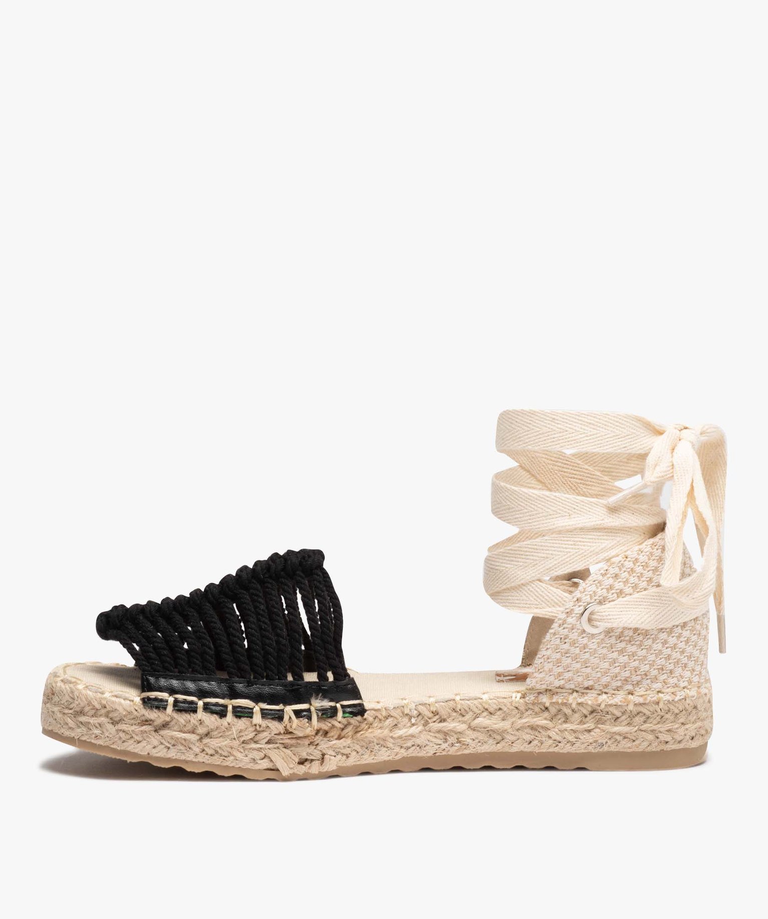 Sandales femme dessus en macramé avec rubans à nouer noir | GEMO