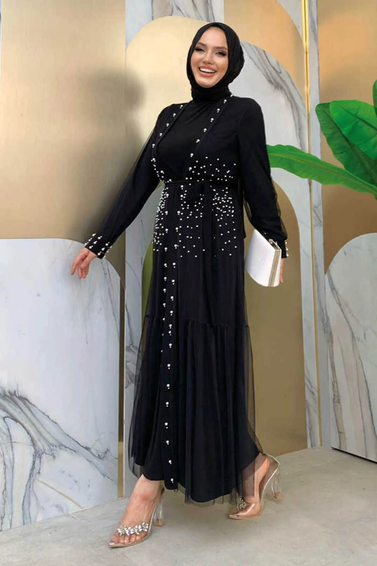 Bym Fashion  Abaya-Kleid aus Tüll mit Perlendetail 8488 Schwarz