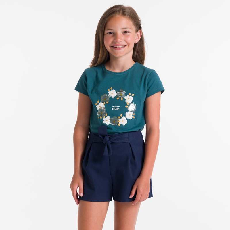 T-shirt à fleurs et sequins vert Fille