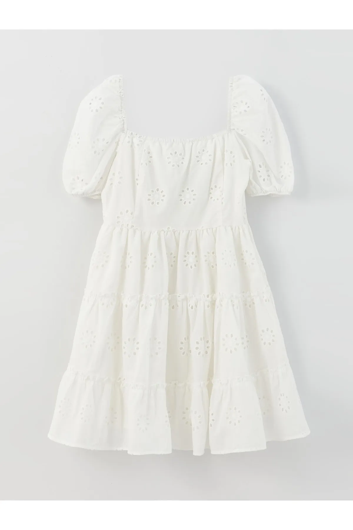 LC Waikiki  Selbstgemustertes Kurzarm-Damenkleid mit quadratischem Ausschnitt und Stickerei