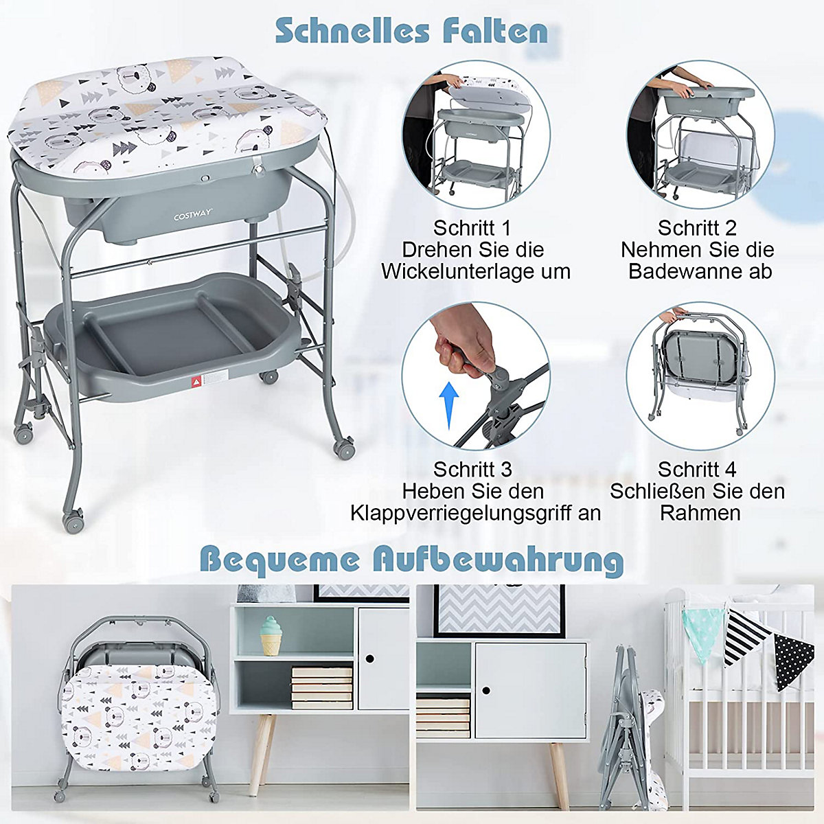 Wickelkommode mit Badewanne rollbar mit Ablagefach