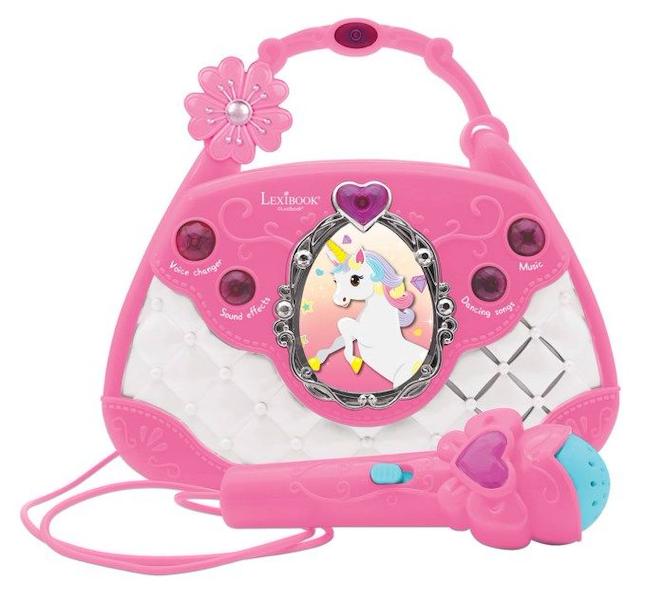 Sac à Main Enceinte Musicale avec Micro, Changement de voix et câble Aux-In Coloris Licorne rose