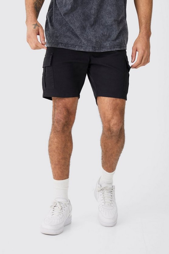 Schwarze Skinny Cargo-Shorts mit elastischem Bund