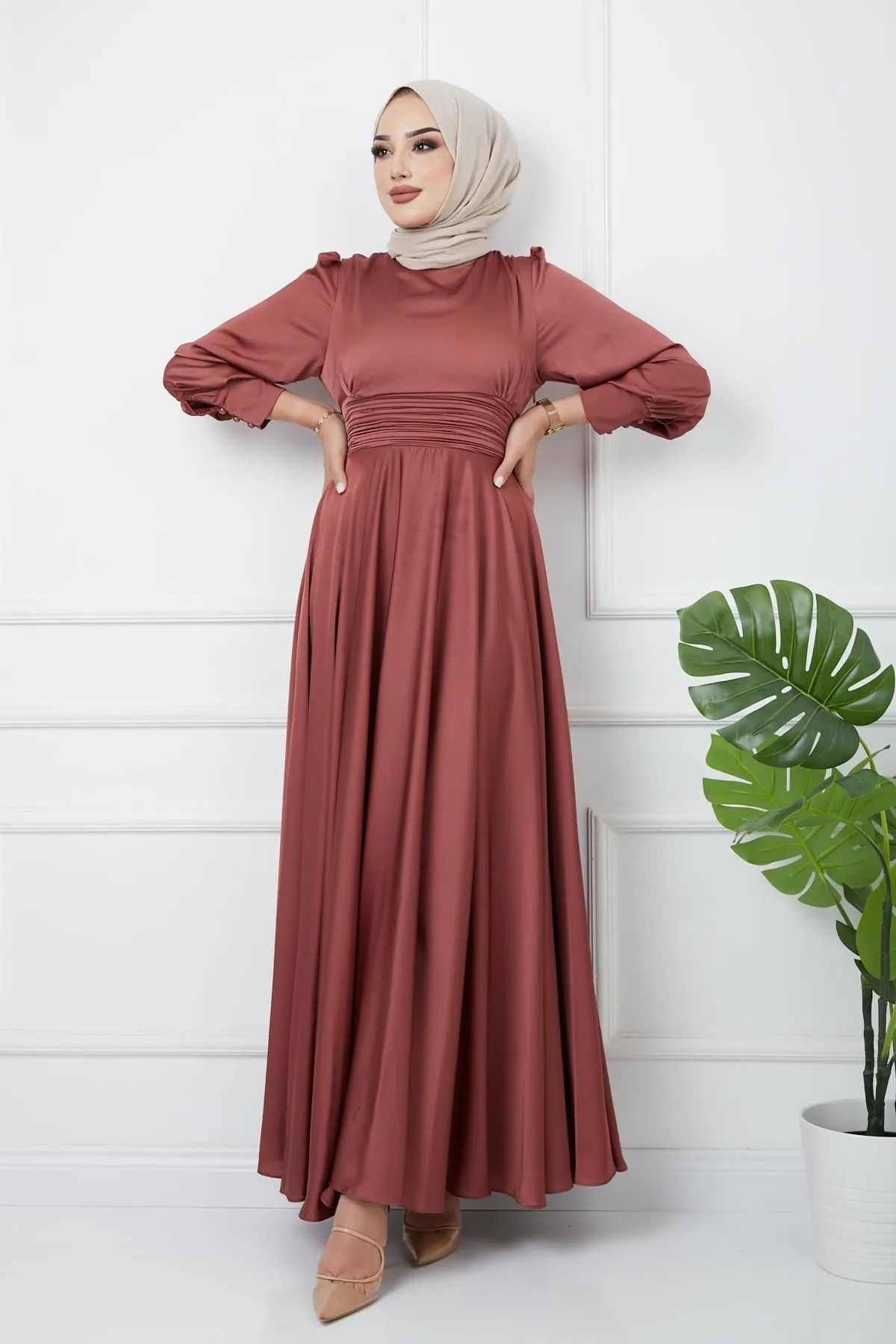 Olcay  Abendkleid mit Taillenfalten und Gürtel, Rose 1595