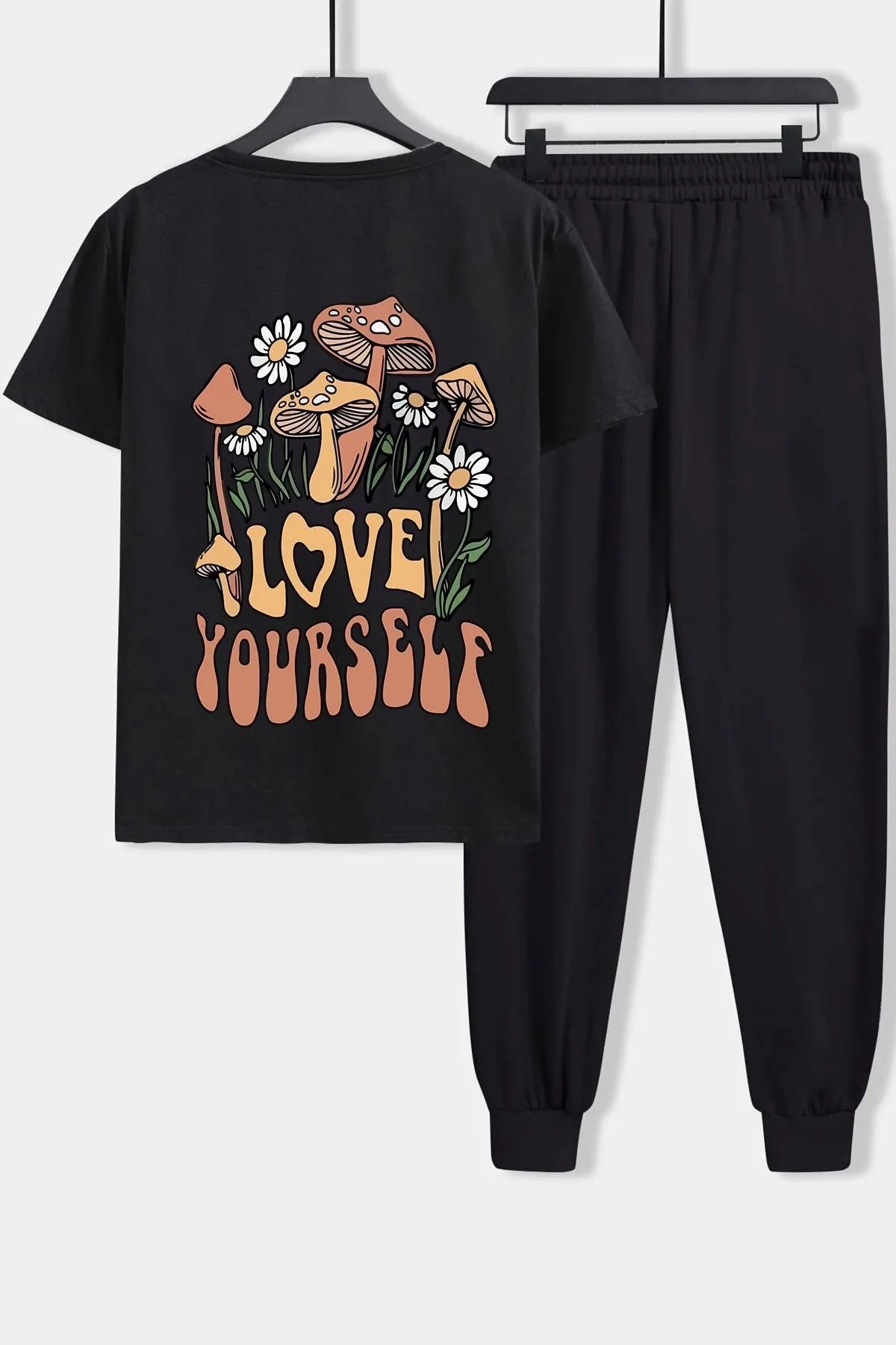 uyguntarz  Bedrucktes zweiteiliges Unisex-Trainingsanzugset „Love Yourself“.