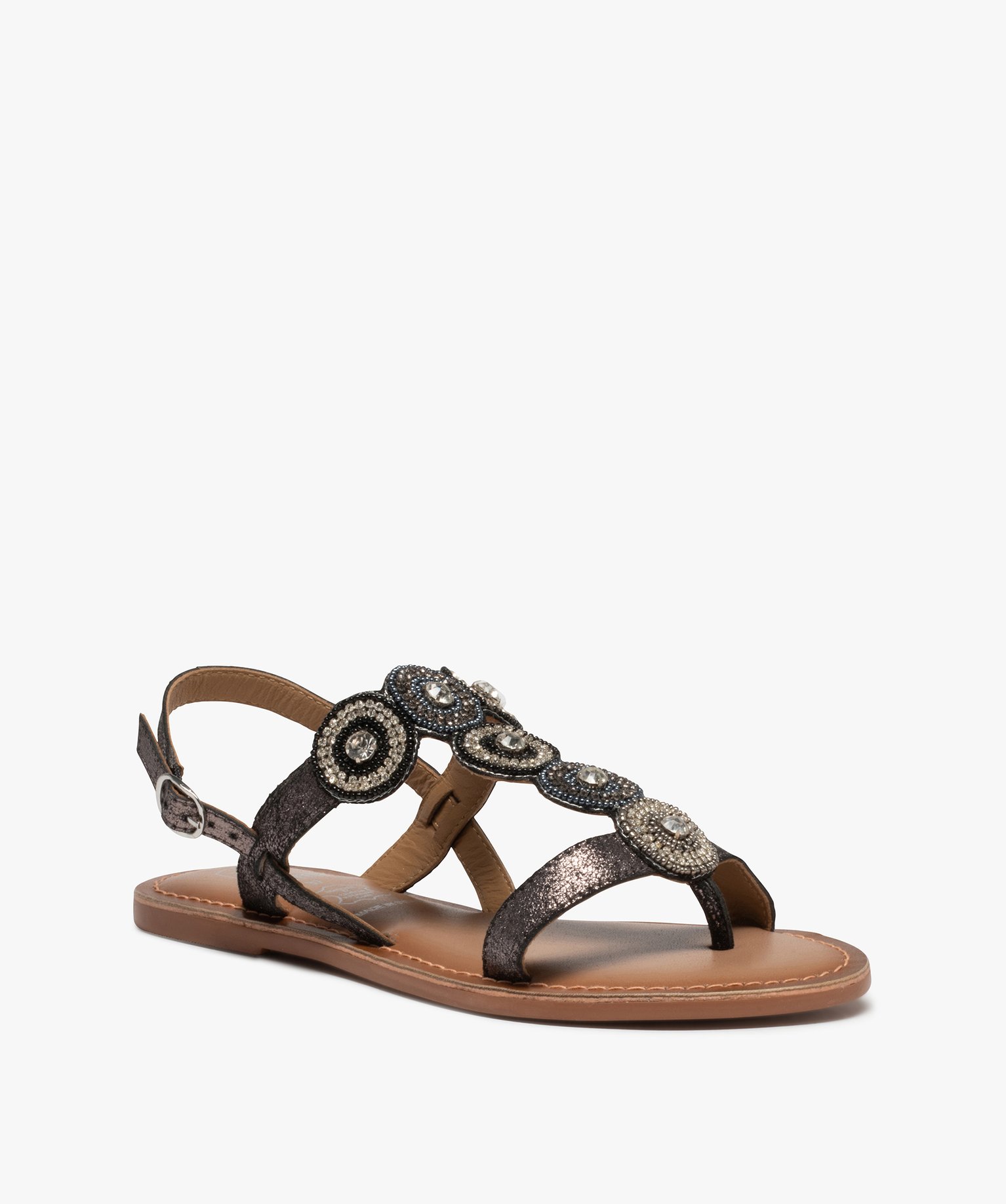 Sandales femme à talon plat et brides ornées de strass noir | GEMO