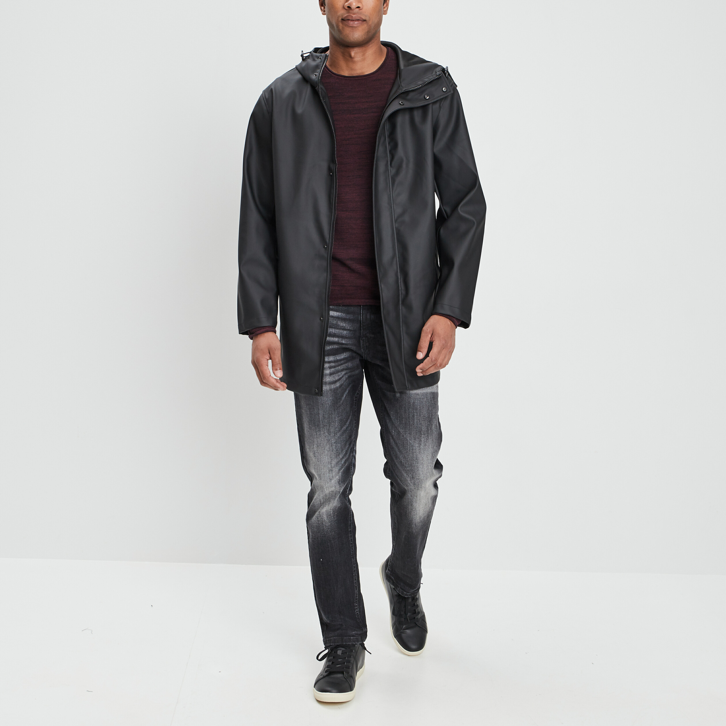 Coupe vent long droit à capuche noir homme | La Halle