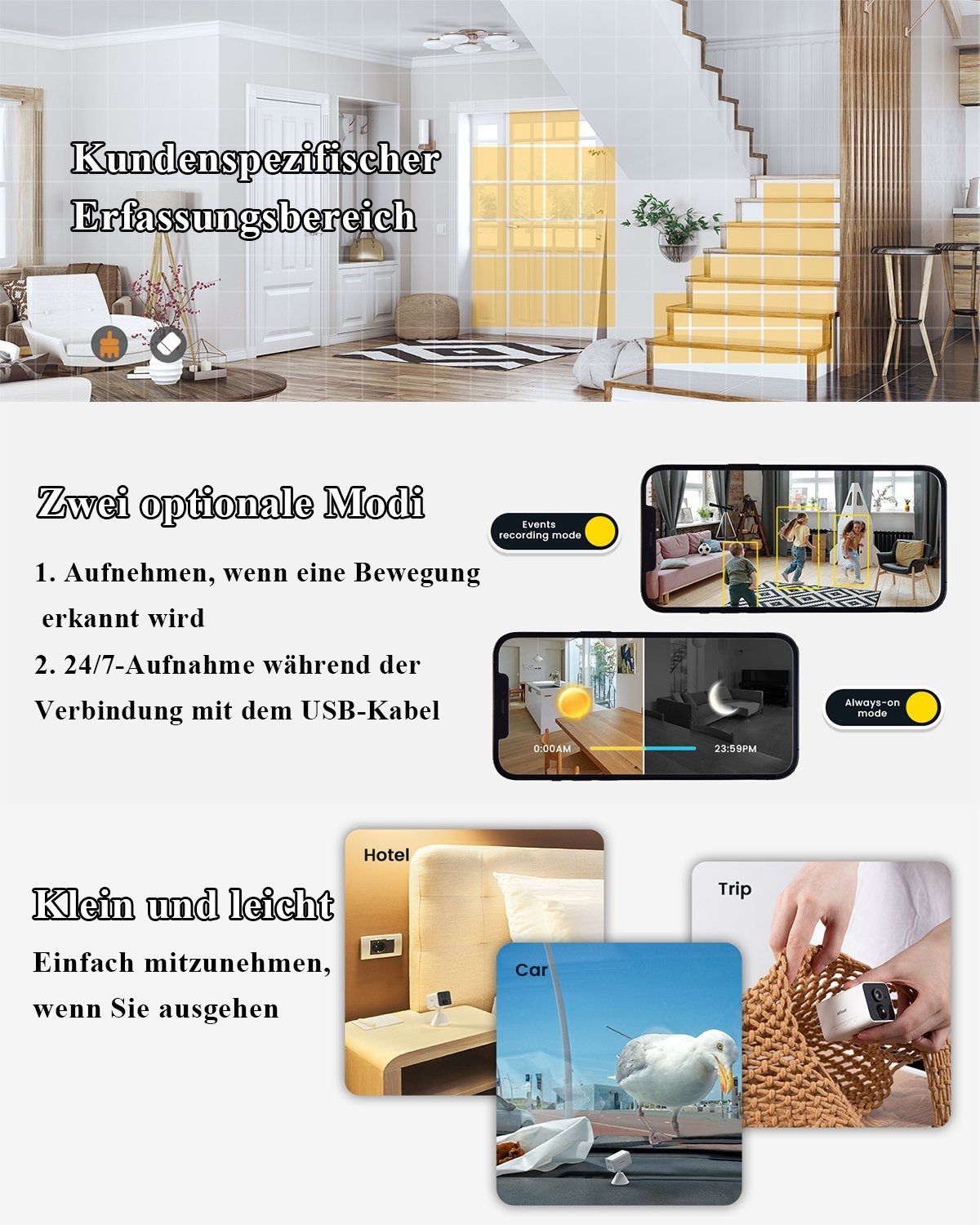 ieGeek Akku Innenkamera WIFI WLAN Überwachungskameras 1080P für Baby/Tier Überwachungskamera (Innenbereich, Humanoid-Erkennung,Alarmbenachrichtigung,Alexa,Überwachungsbereich,Mehrfachansicht,Geschichte,Alarmfrist,Alarm ausgelöst,Warnmeldung,Bild teil