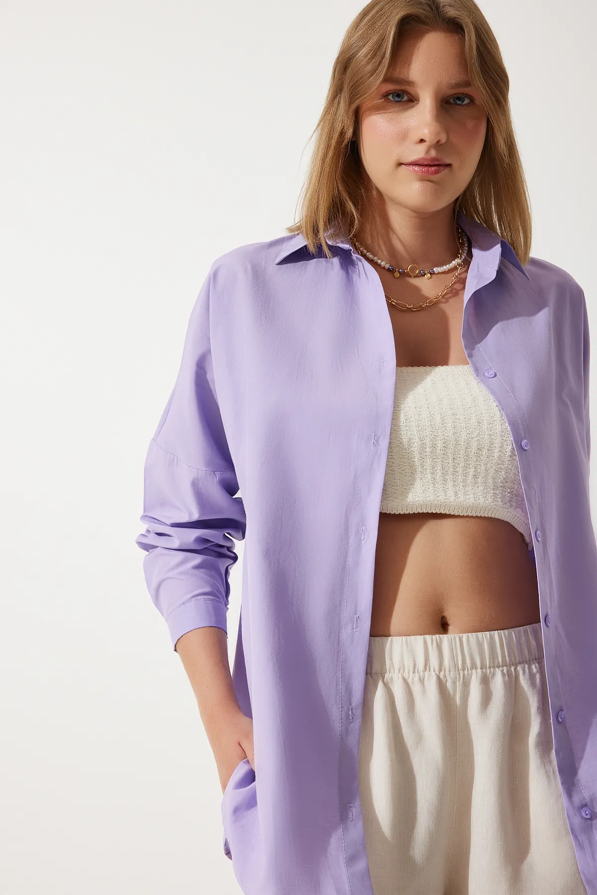 Happiness İstanbul  Lilafarbenes, langes Basic-Shirt für Damen in Übergröße DD00842