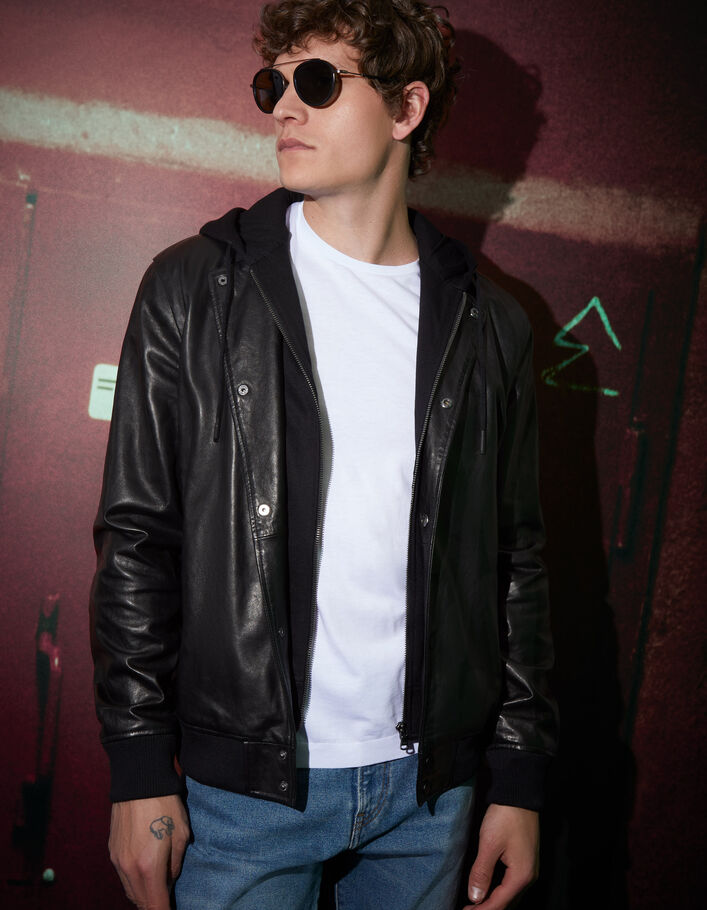Bomber noir en cuir à parmenture amovible Homme