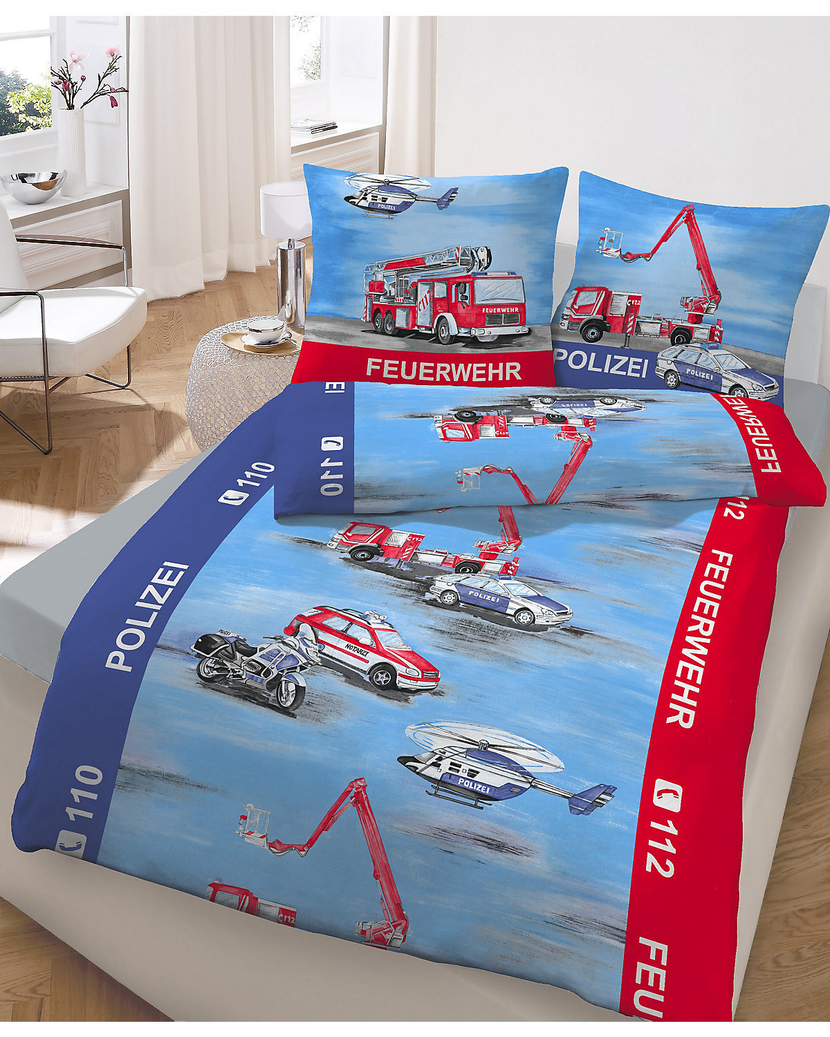 Kinderbettwäsche Polizei & Feuerwehr, Biber, 135 x 200 cm + 80 x 80 cm