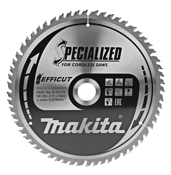 Makita Tilbehør B-67290 Gjærsagblad Efficut Wood 260x30x2.15 80T 10g