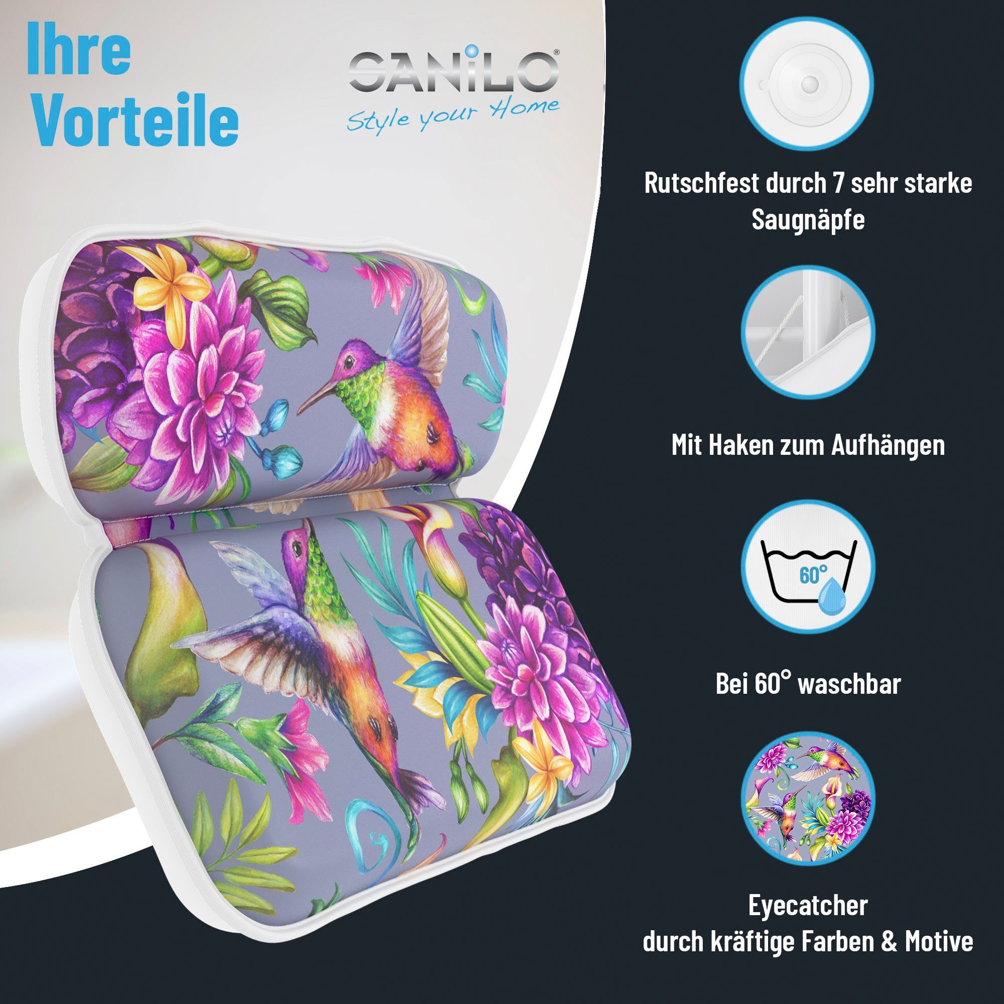 Sanilo Nackenkissen Badewannenkissen Kolibri, bequem, rutschfest, kräftige Farben, mit 7 starken Saugnäpfen