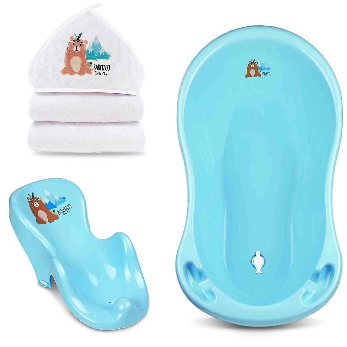 Baby Badewannen Set 3 Teilig - Babybadewanne, Baby Badesitz, Kapuzenhandtuch - Baby Wanne mit Stöpsel