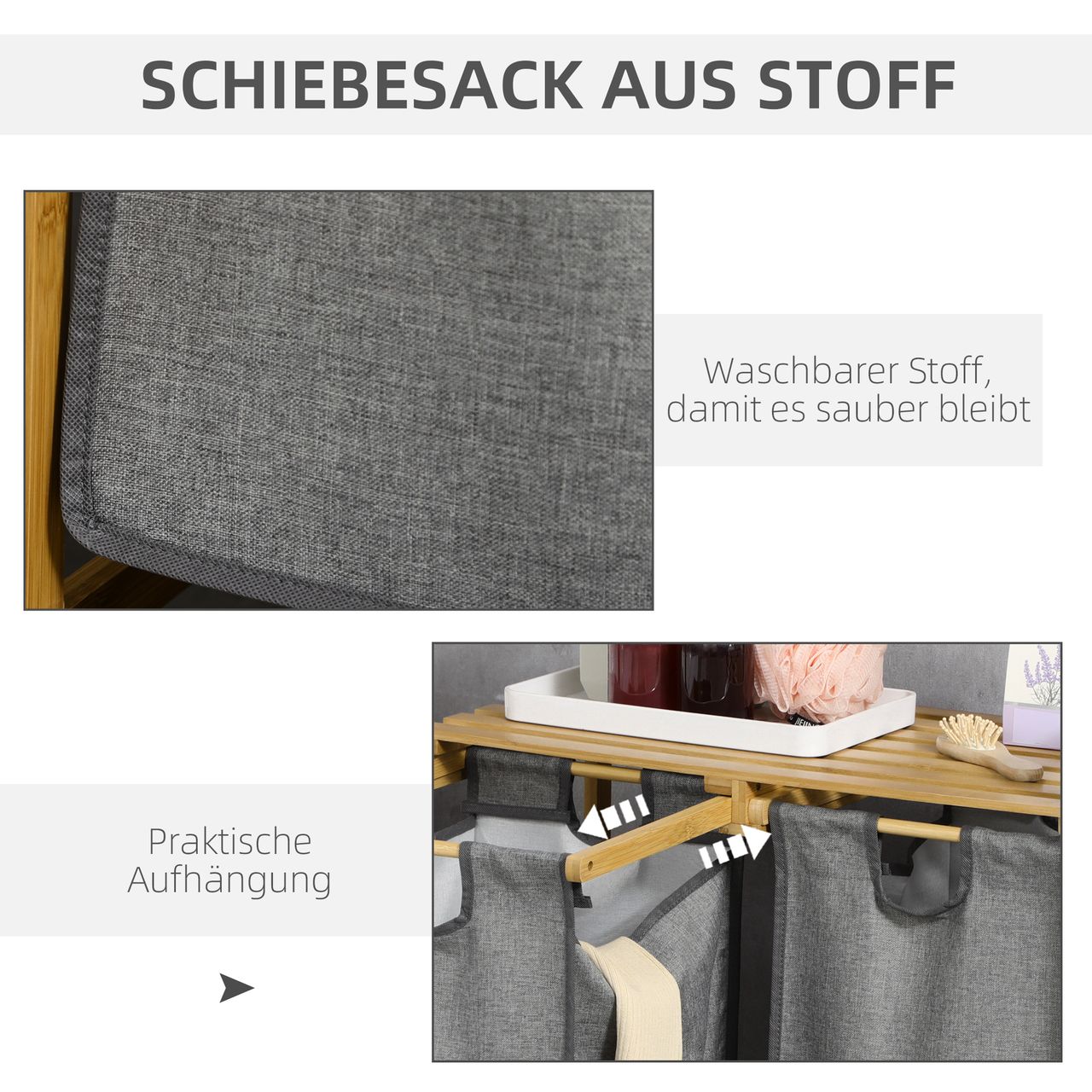 HOMCOM Wäschekorb Wäschebox mit 2 abnehmbaren Wäschesacke Wäschesortierer Bambus