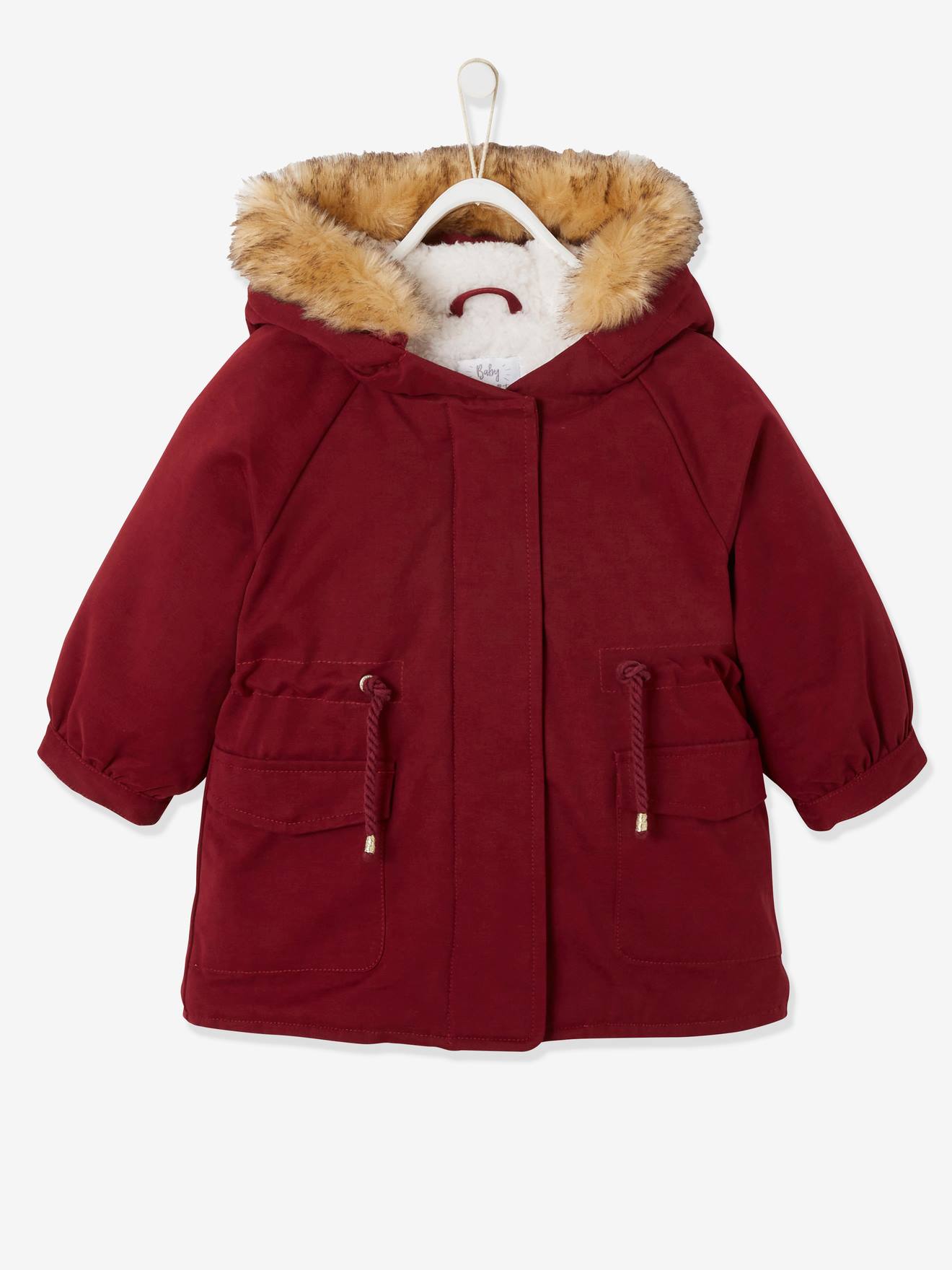 Parka à capuche bordée de fausse fourrure bébé bordeaux
