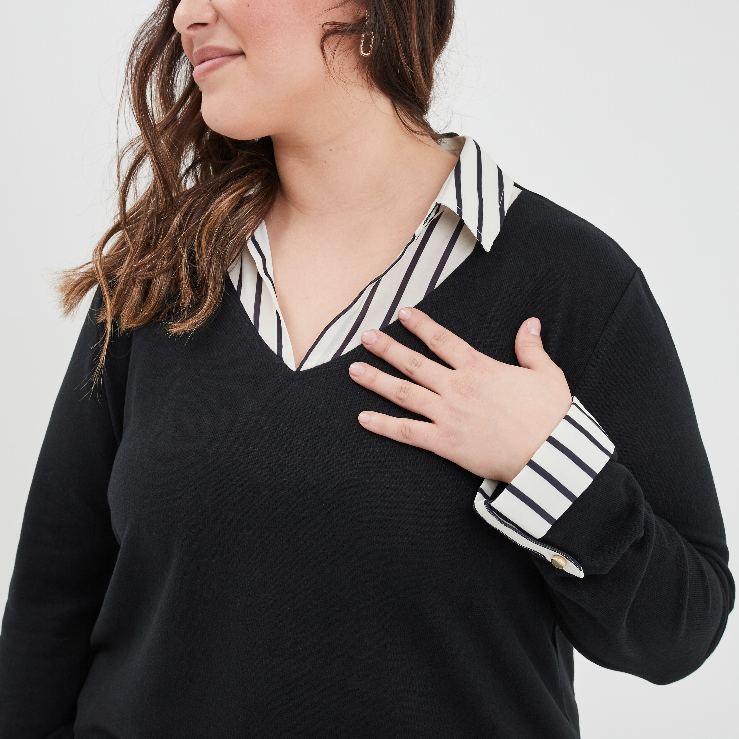 Pull effet 2-en-1 manches longues noir femme grande taille | La Halle