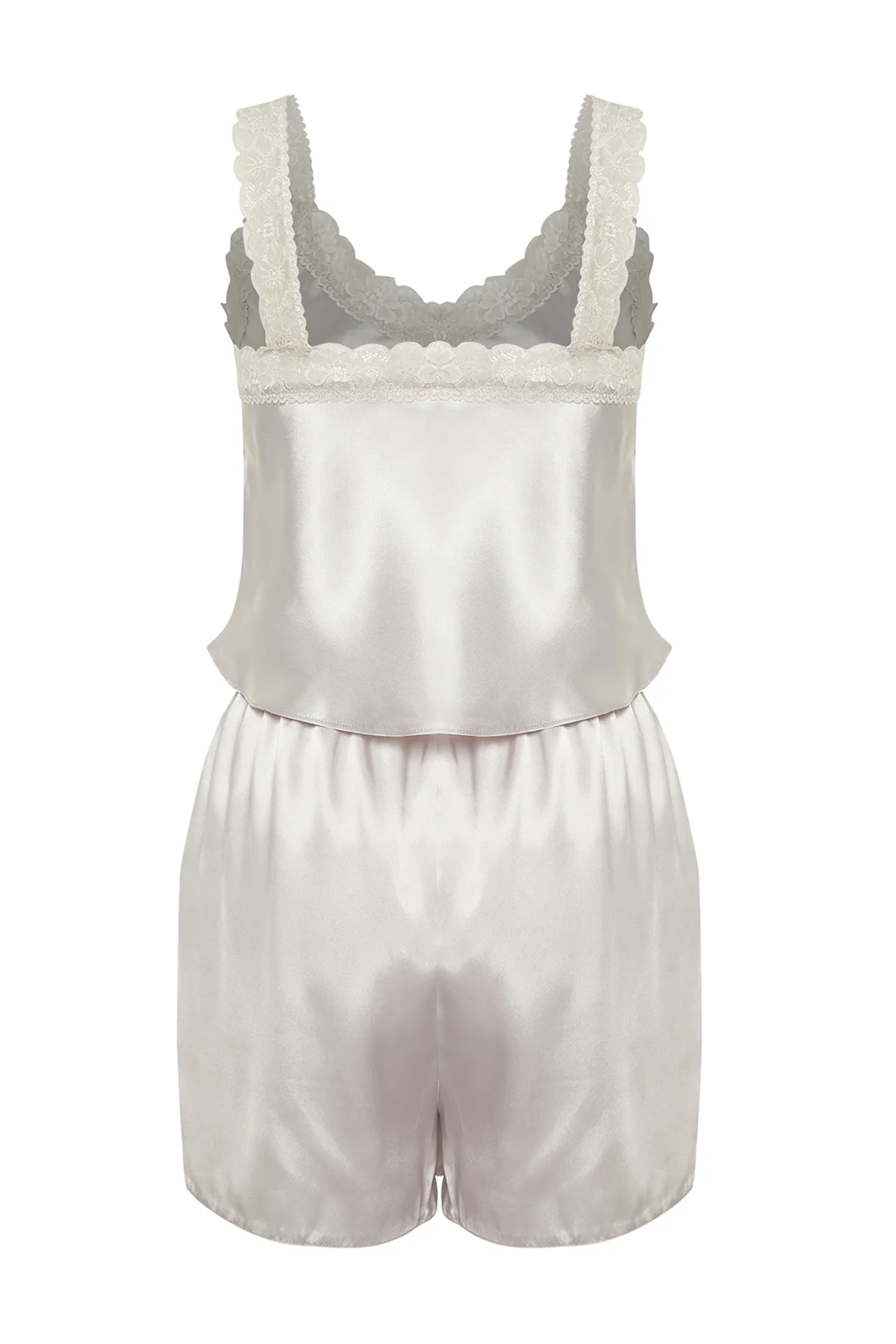 Trendyol Collection  Beigefarbenes Pyjama-Set aus gewebtem Satin mit Spitzendetails THMSS24PT00016