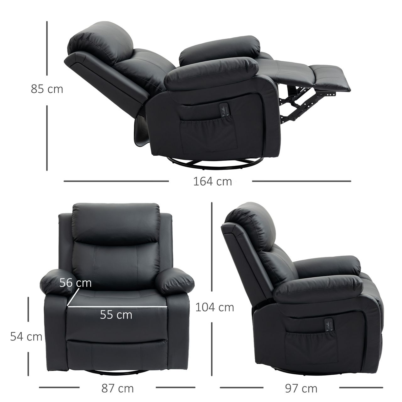 HOMCOM Massagesessel Drehbarer Relaxsessel mit 8 Vibrationsköpfen, Liegefunktion