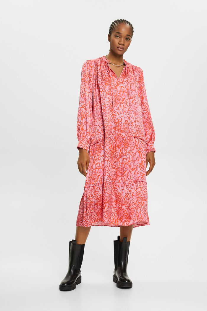 Gemustertes Midikleid aus Satin mit Rüschen