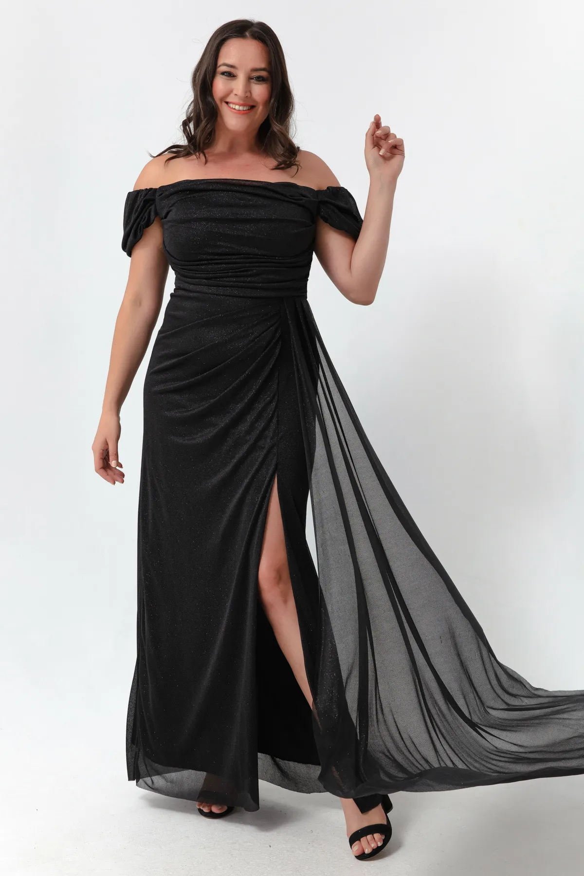 Lafaba  Damen-Abendkleid in Schwarz mit U-Boot-Ausschnitt, drapiertem Schlitz, langes Glitzer-Abendkleid