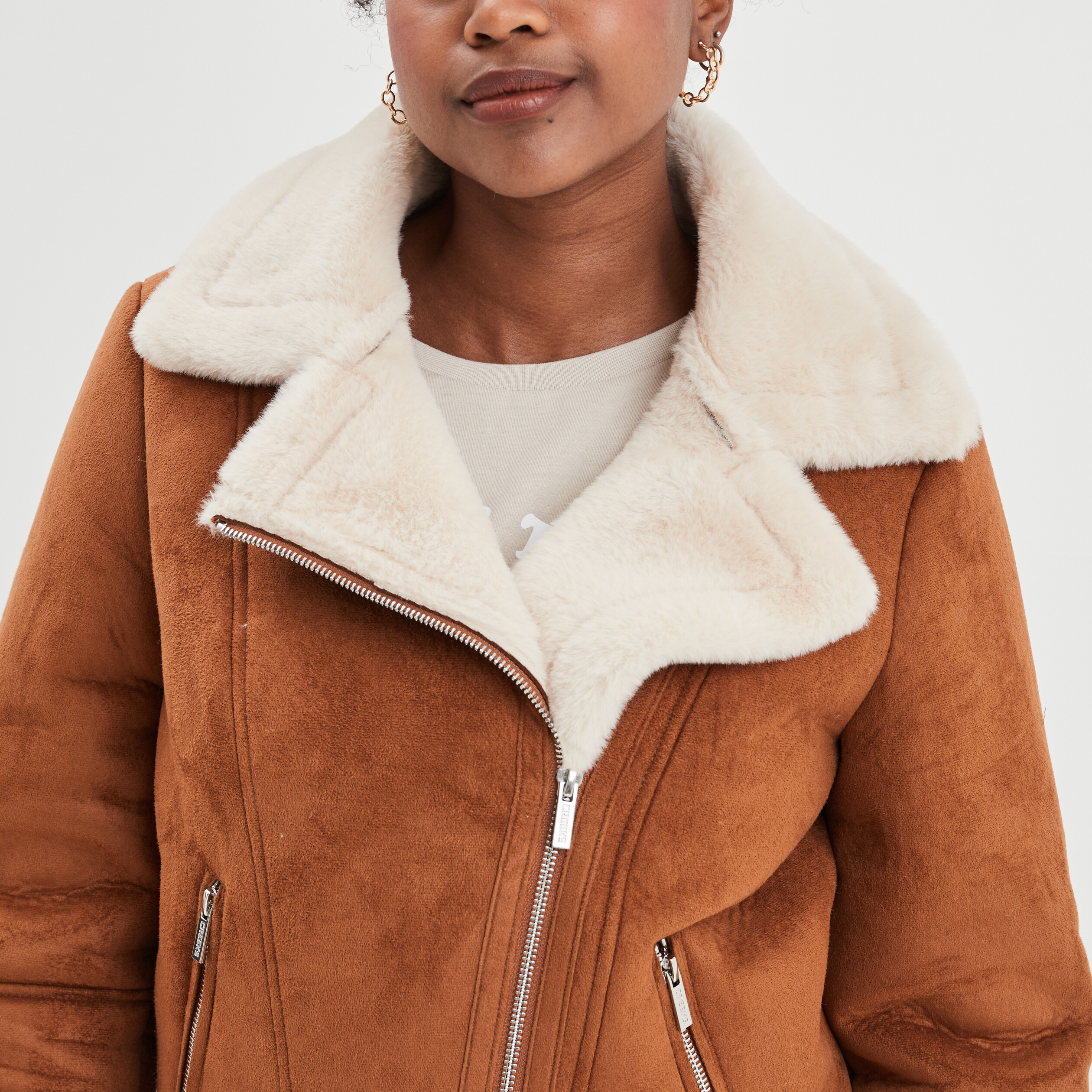 Veste peau lainée zippée Creeks camel femme | La Halle