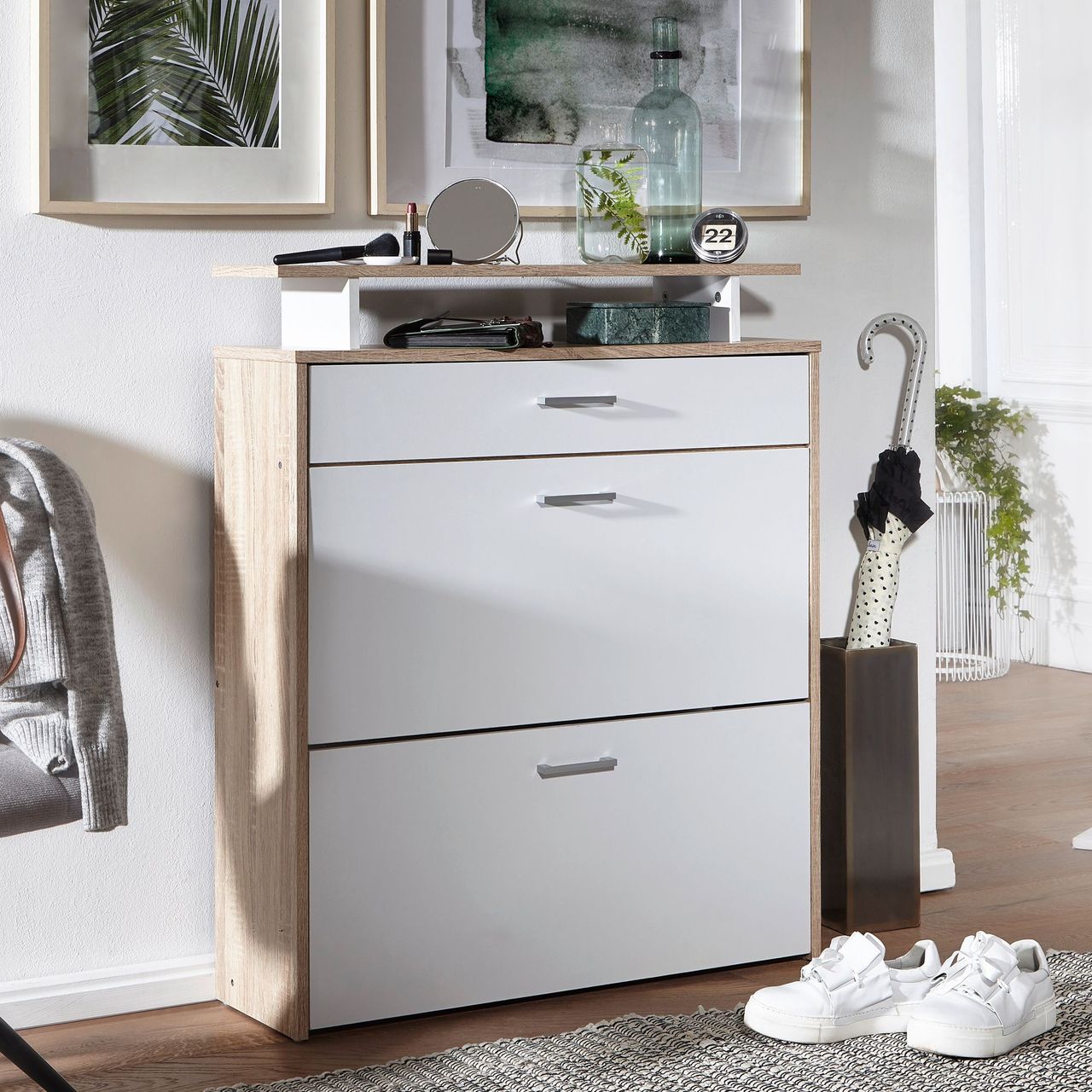 Wohnling Schuhschrank MDF Sonoma Eiche 80 cm Schuhregal Schuhkipper Design Schuh-Kommode modern Sideboard Schuhablage