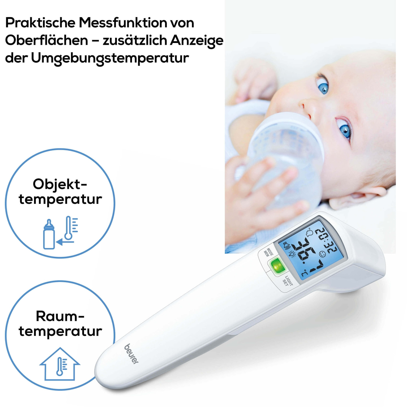 Beurer kontaktloses Thermometer FT 100-Misst die Körper-, Umgebungs- & Oberflächentemperatur mit Infrarot-Messtechnik