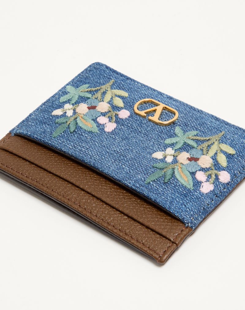 Porta-cartões de assinatura Valentino Garavani VLogo em jeans com bordado floral