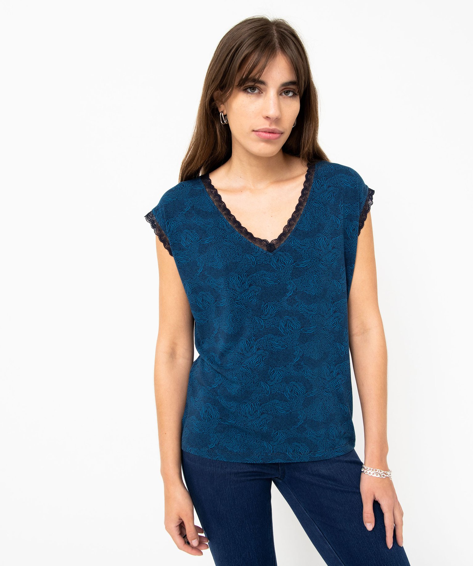 Tee-shirt femme imprimé avec finitions dentelle imprime | GEMO