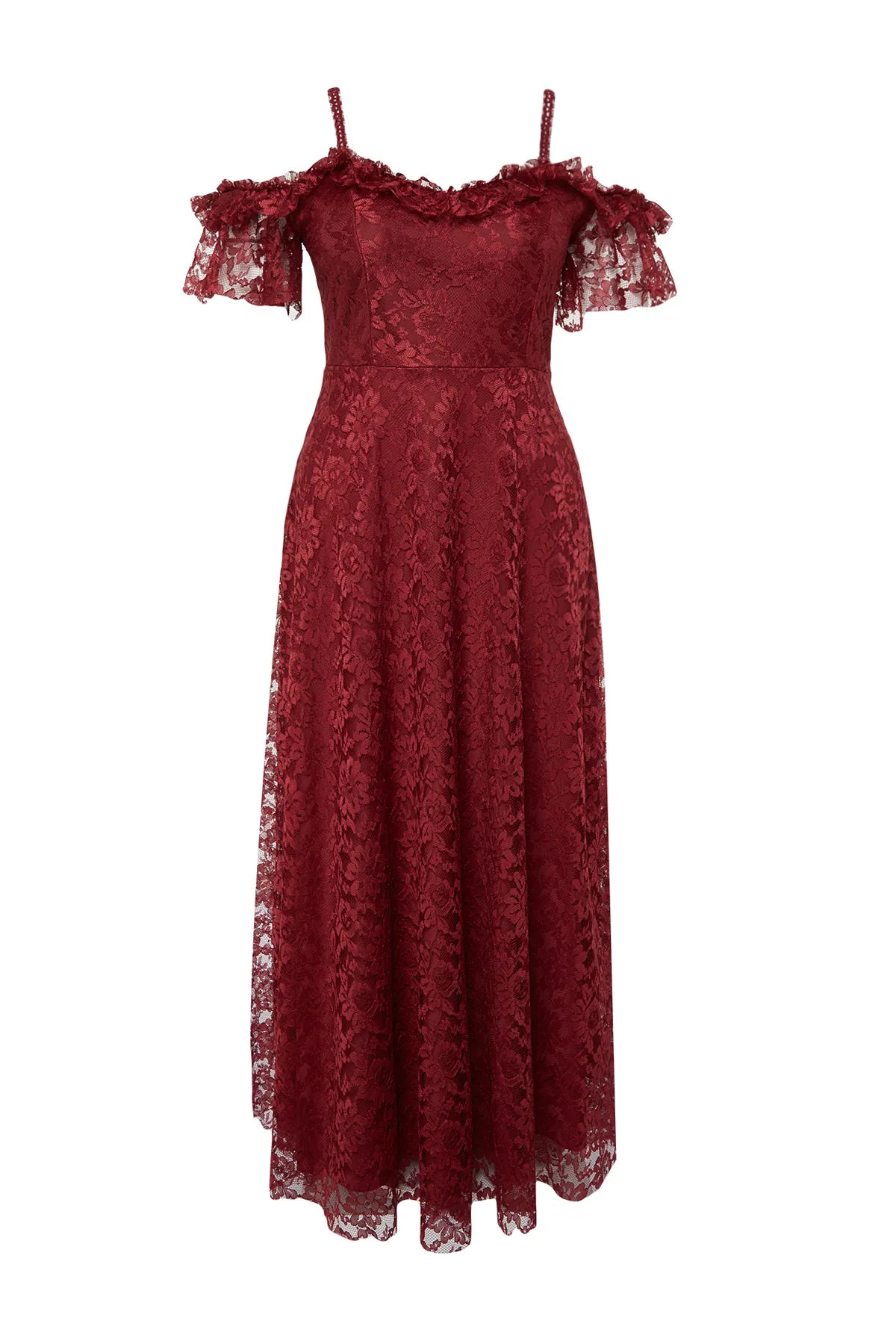 Trendyol Curve  Burgunderrotes A-Linien-Maxi-Abendkleid mit Trägern in Übergröße TBBAW23AH00187