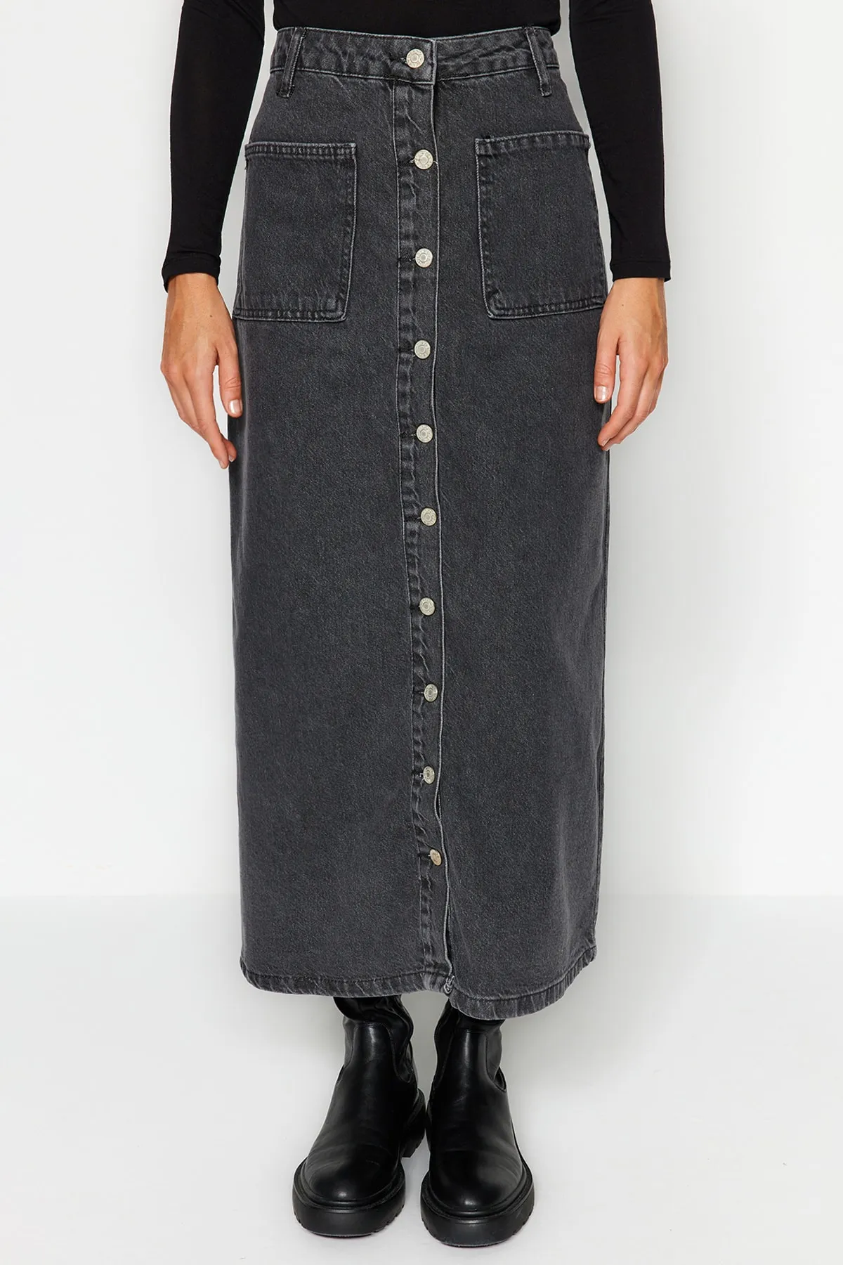 Trendyol Collection  Anthrazitfarbener Denim-Jeansrock mit doppelter Tasche und hoher Taille TCTSS23EE00002