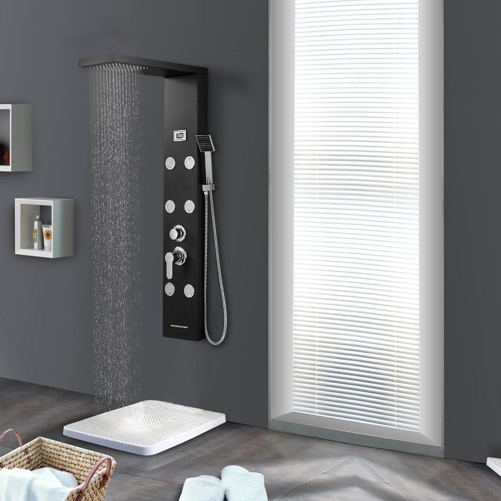 Auralum Brausegarnitur Multifunktion Duschpaneel Schwarz Duschset Edelstahl Duschsäule Dusche, mit Massagedüsen Handbrause und Überkopfdusche