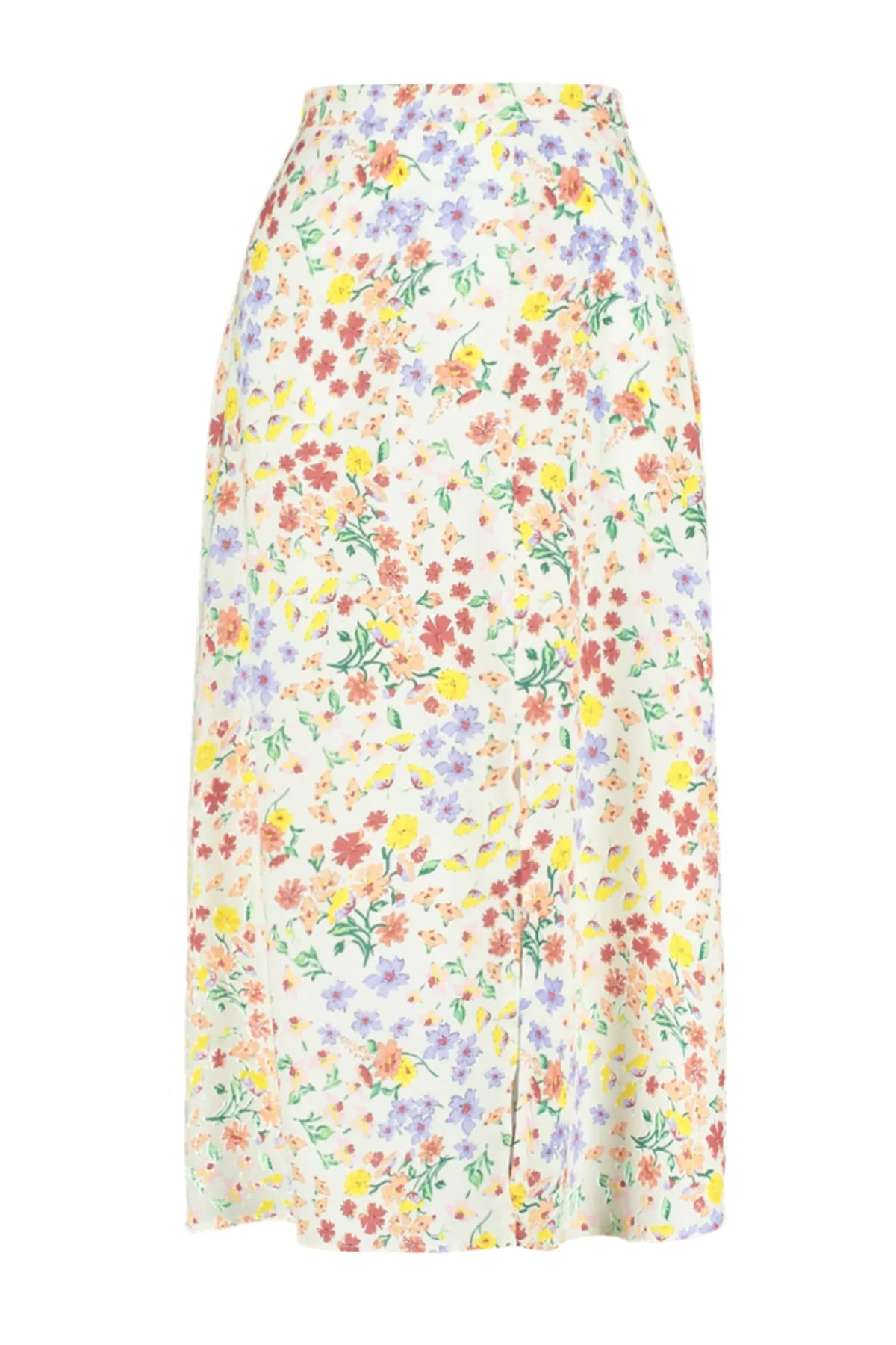 Trendyol Collection  Ecrufarbener Midi-Webrock aus Viskosestoff mit detailliertem Blumenmuster und Schlitz TWOSS20ET0230