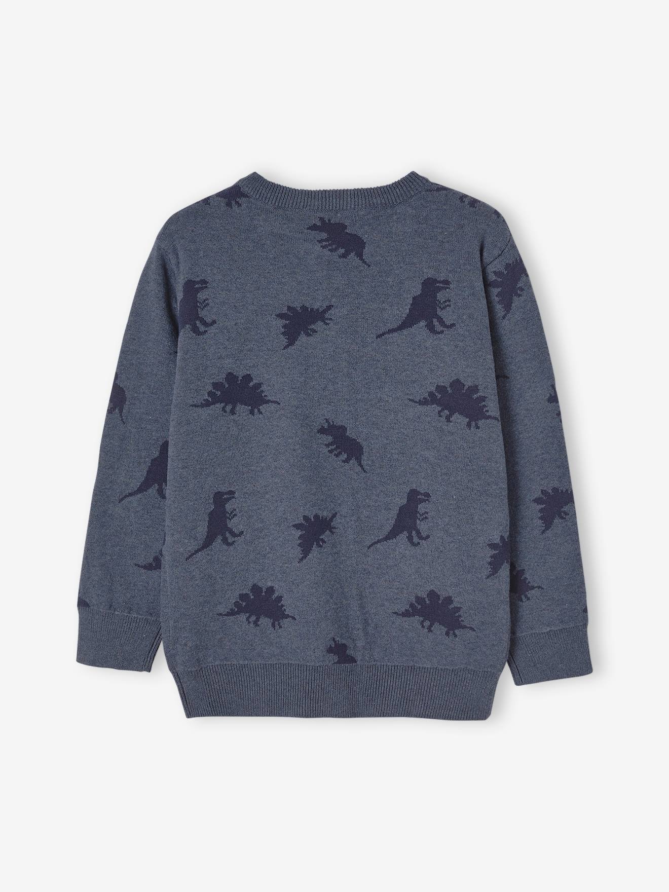 Pull jacquard motifs dinosaures garçon bleu chiné