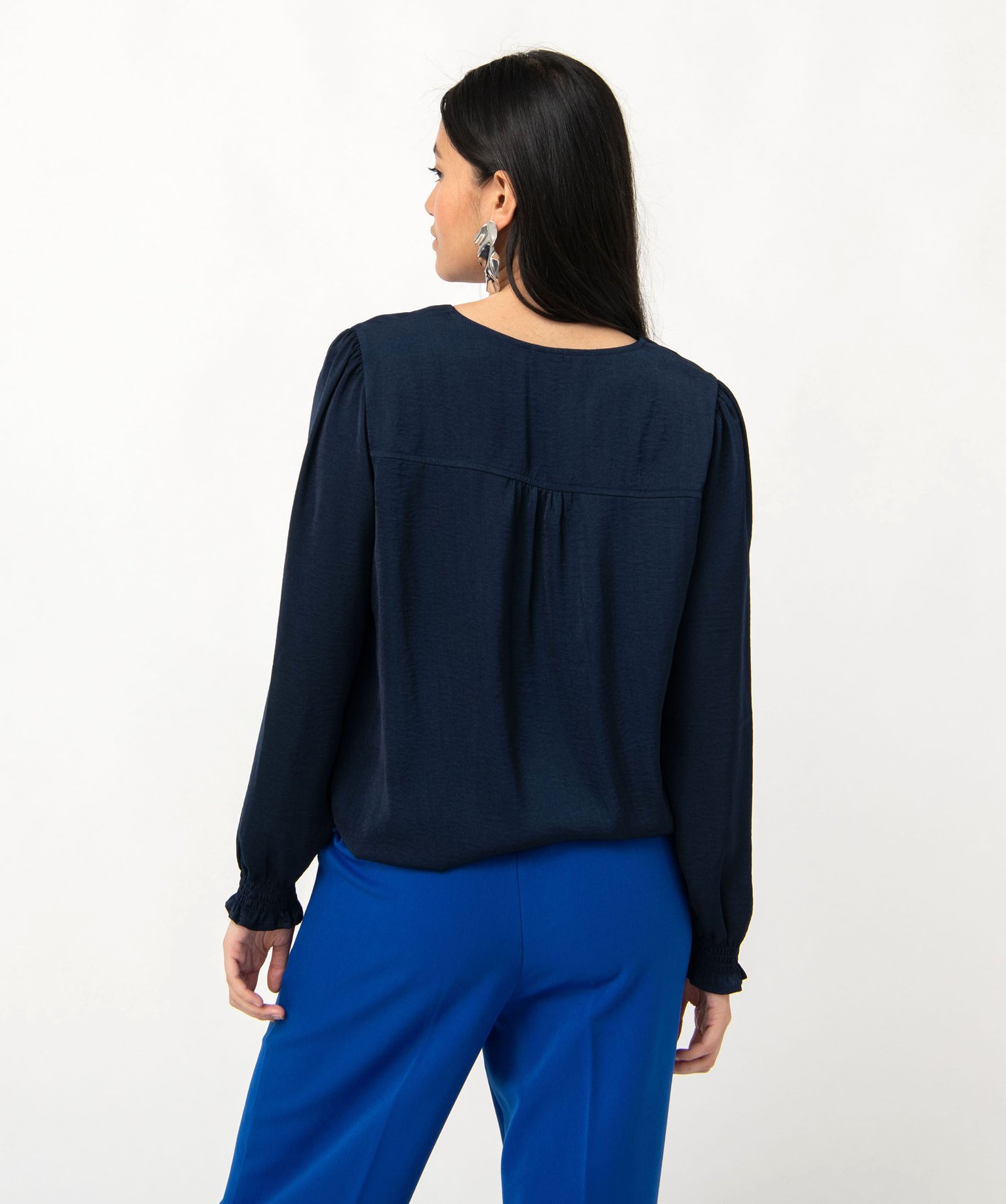 Blouse femme à manches longues avec col V bleu fonce | GEMO