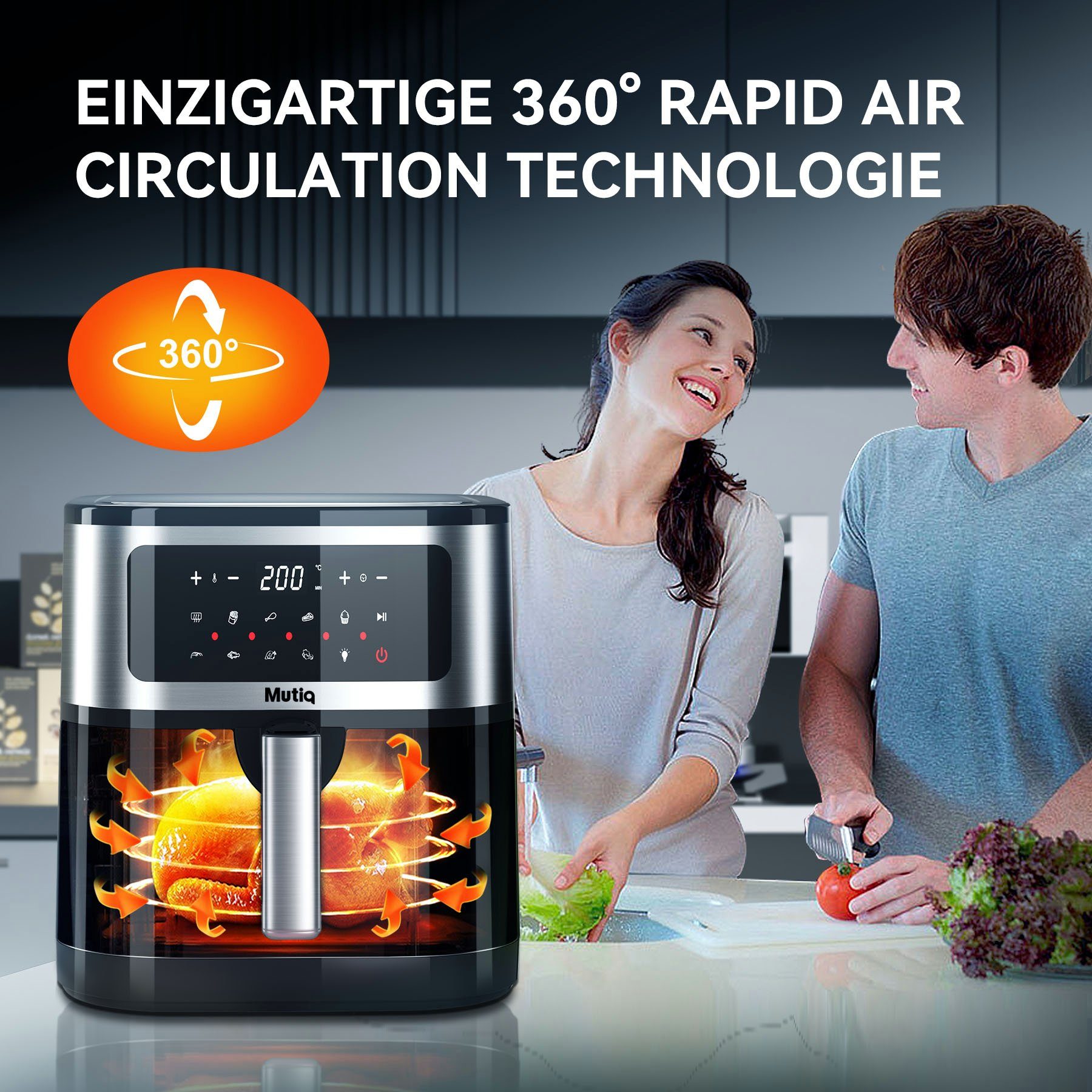 Senmudi Heißluftfritteuse 7.5L Airfryer 10 Programme,LED Touchscreen friteuse, 1800,00 W, Präzise Temperaturregelung 50~200℃, Timer, Fritteuse ohne Öl