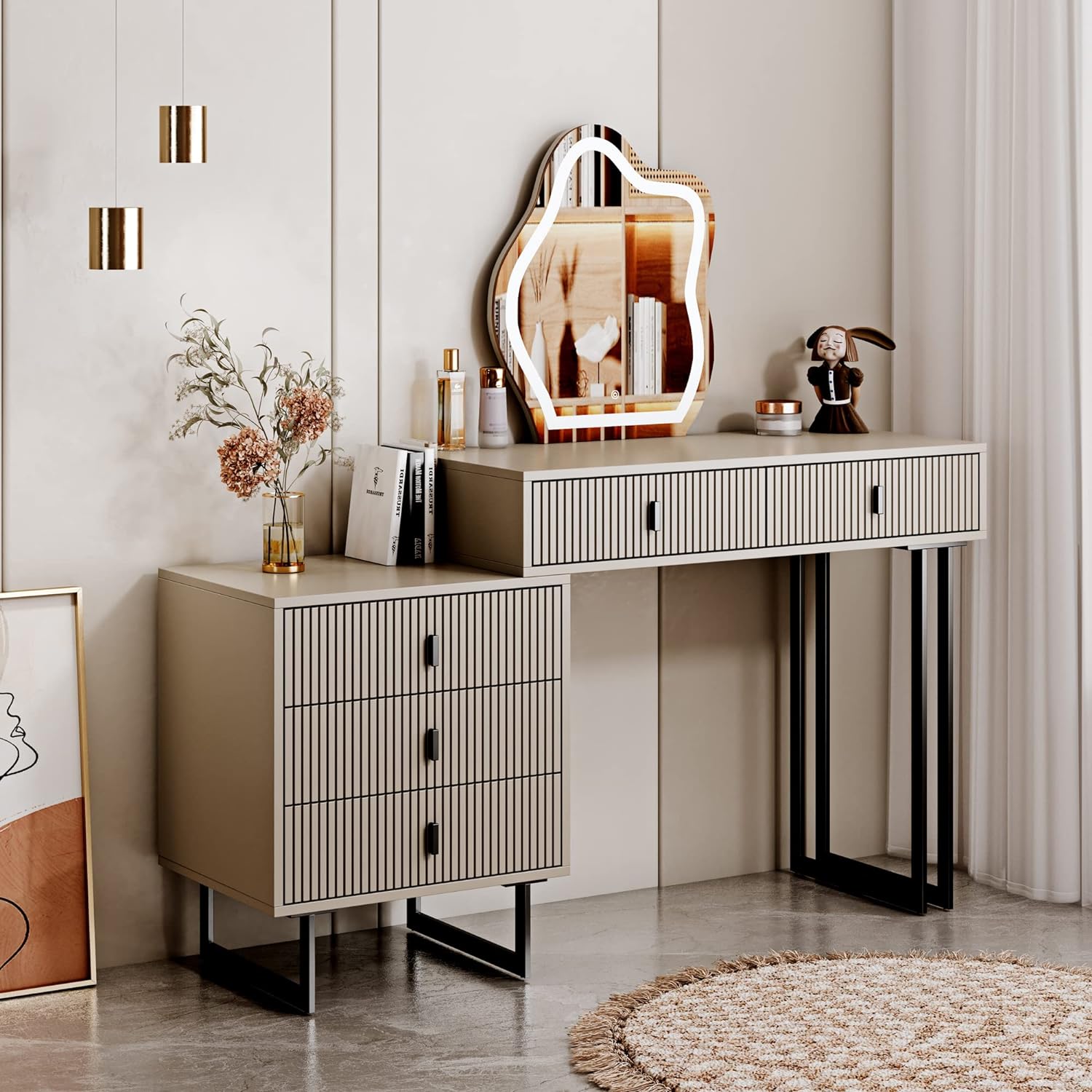 leejdn Dresser with 3 Color Touch Screen Dimming Mirror, Modern Makeup Dresser with Adjustable Cabinets and 4 Sliding Drawers, Powder Room, Bedroom Dresser Set