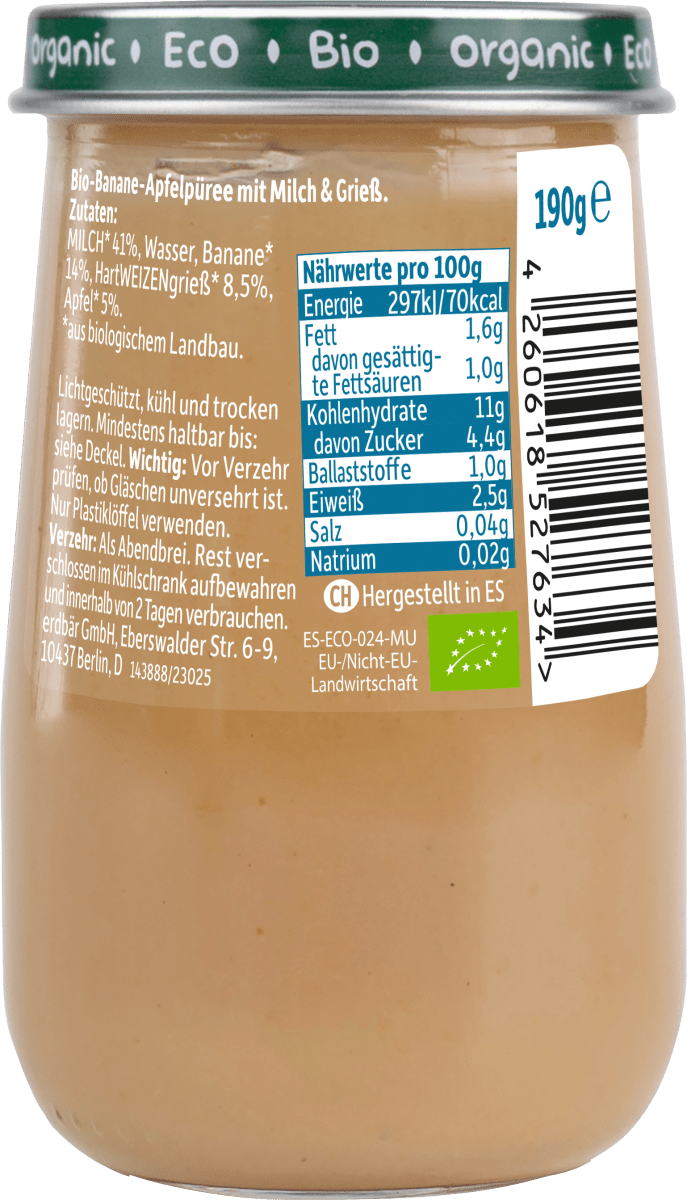 Abendbrei Banane, Apfel, mit Grieß ab dem 6.Monat, 190 g