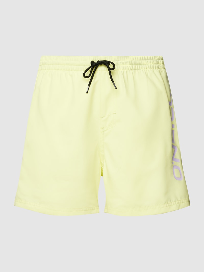 Badehose mit Label-Print Modell 'Cali' in neon gelb