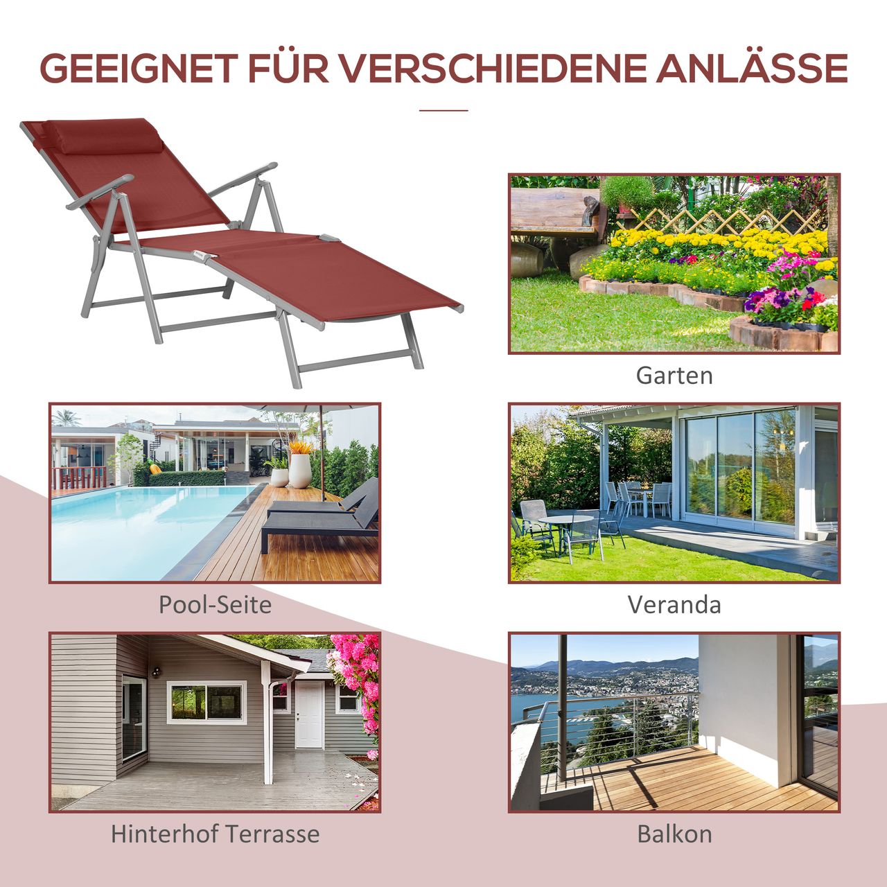 Outsunny Sonnenliege Liegestuhl mit Kopfkissen, Gartenliege für Balkon, Mesh Rot