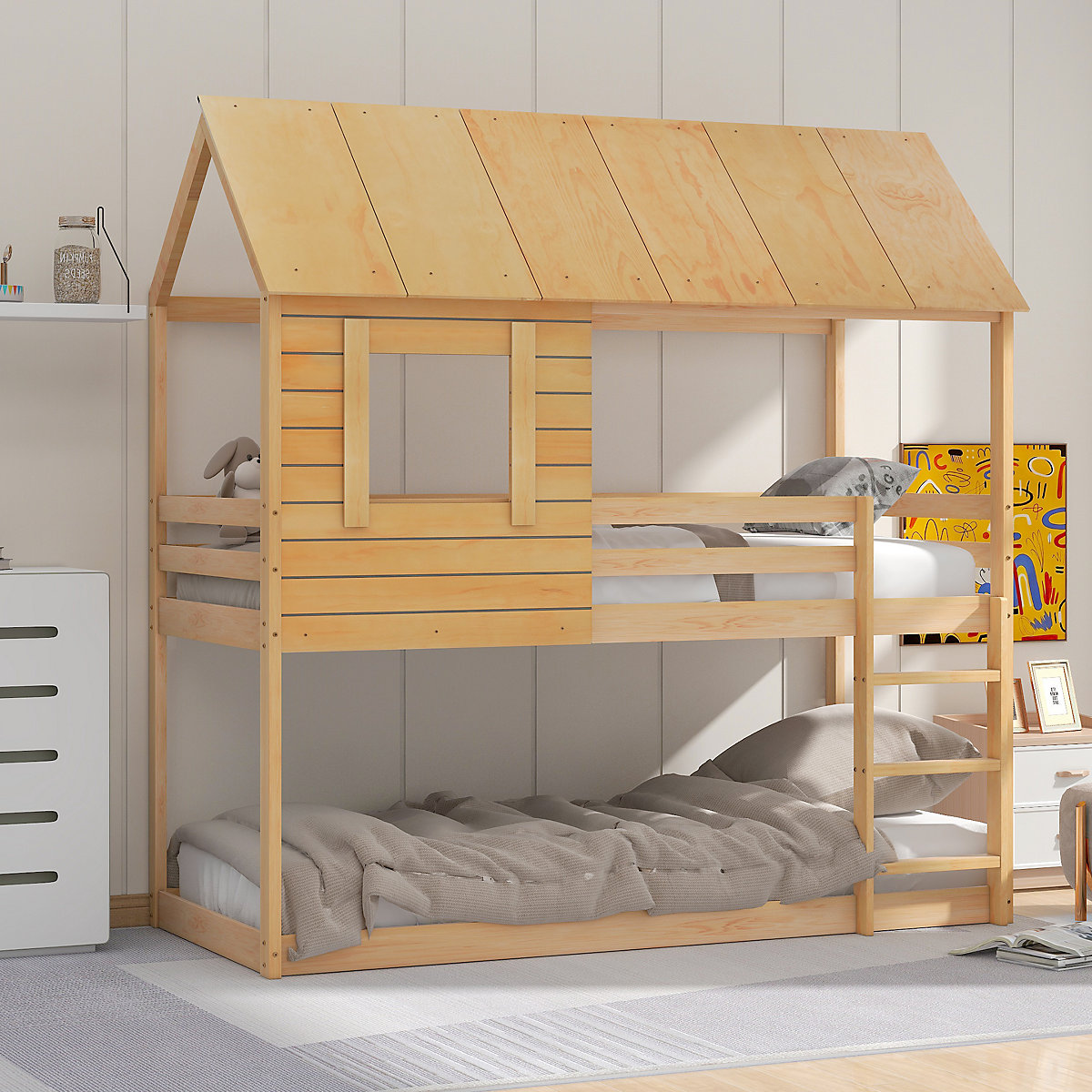 Etagenbett Kinderbett, Holz, Etagenbett 90 X 200 cm, Kinder hausbett, mit Dach, Leiter und Lattenrost