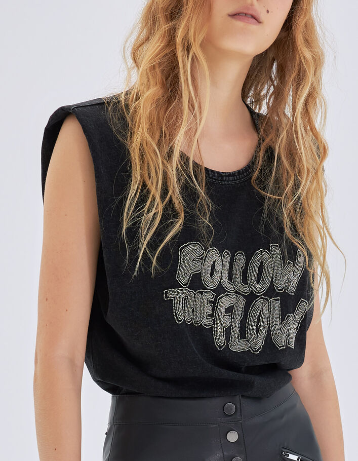 Tee-shirt noir message brodé perles Femme