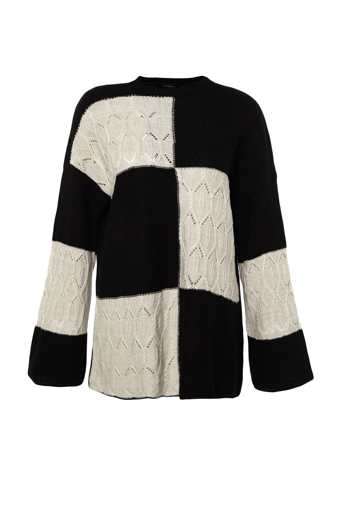 Trendyol Modest  Schwarzer durchbrochener/perforierter Farbblock-Strickpullover TCTAW24AK00055
