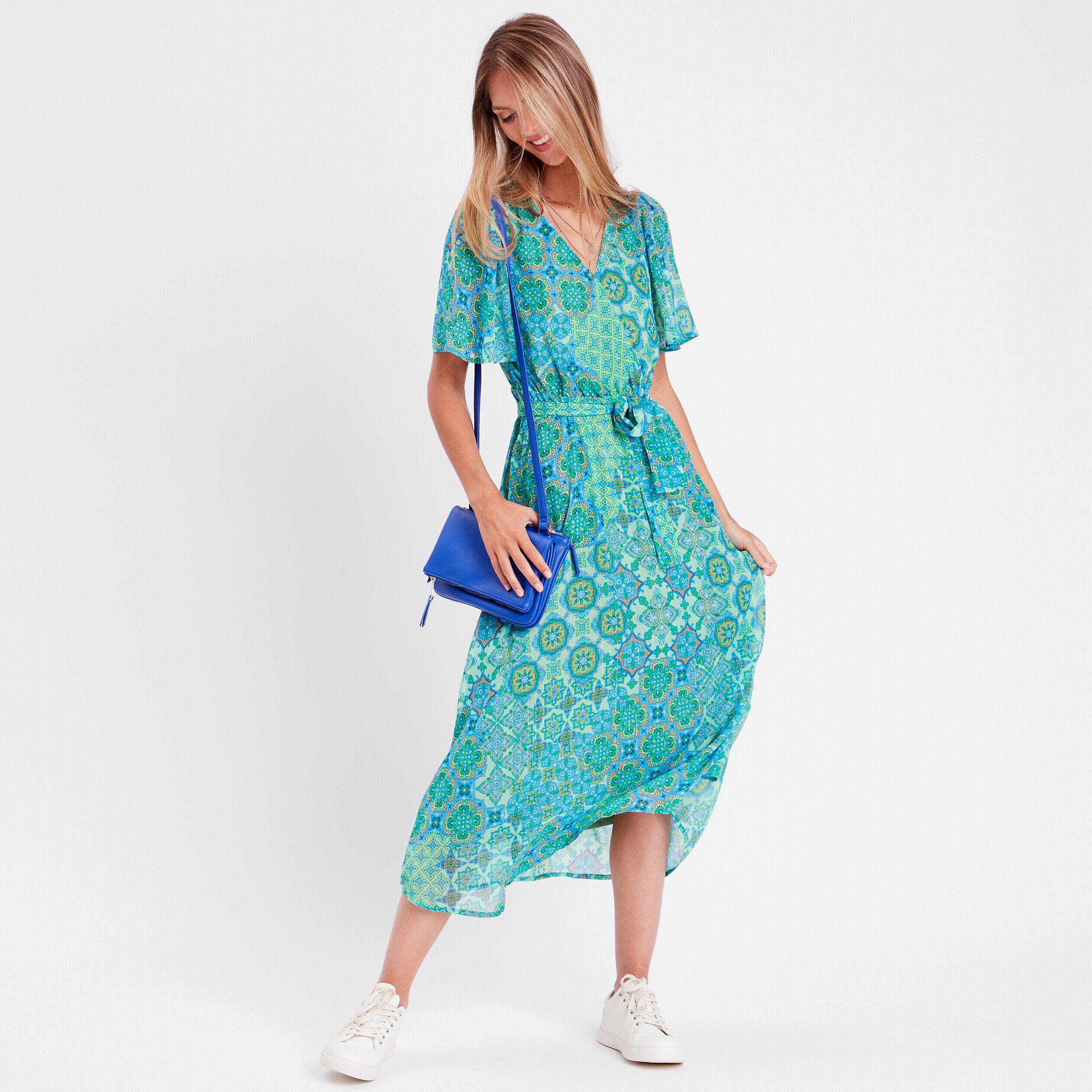 Robe longue évasée ceinturée vert femme | Cache Cache