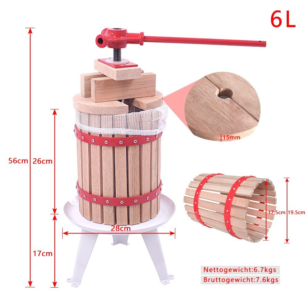 UISEBRT Obstpresse 6 Liter Mechanische Saftpresse Weinpresse Apfelpresse Fruchtpresse, Manuell Obstmühle + Presstuch für Äpfel Birnen