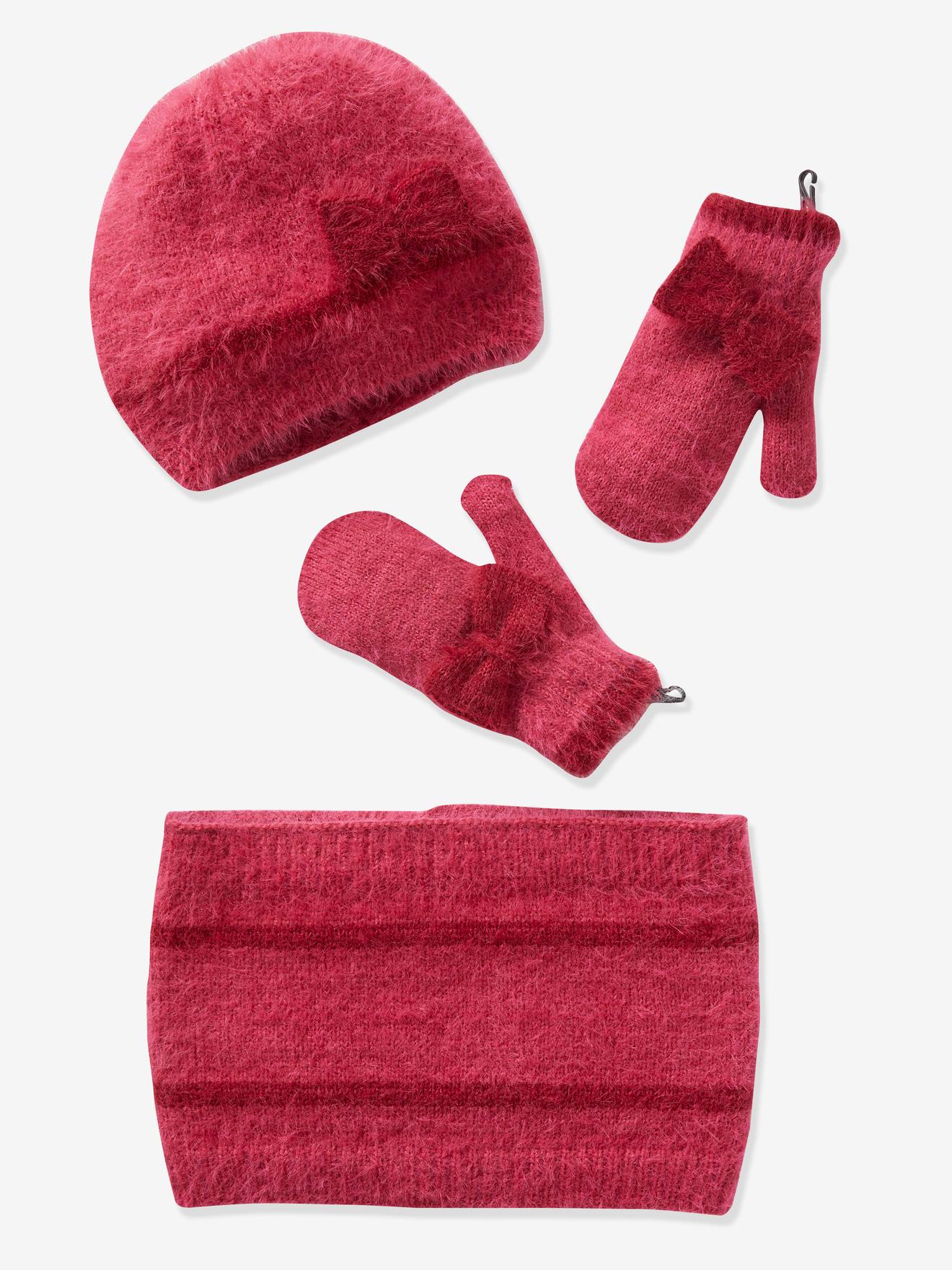 Ensemble fille bonnet + foulard + gants framboise