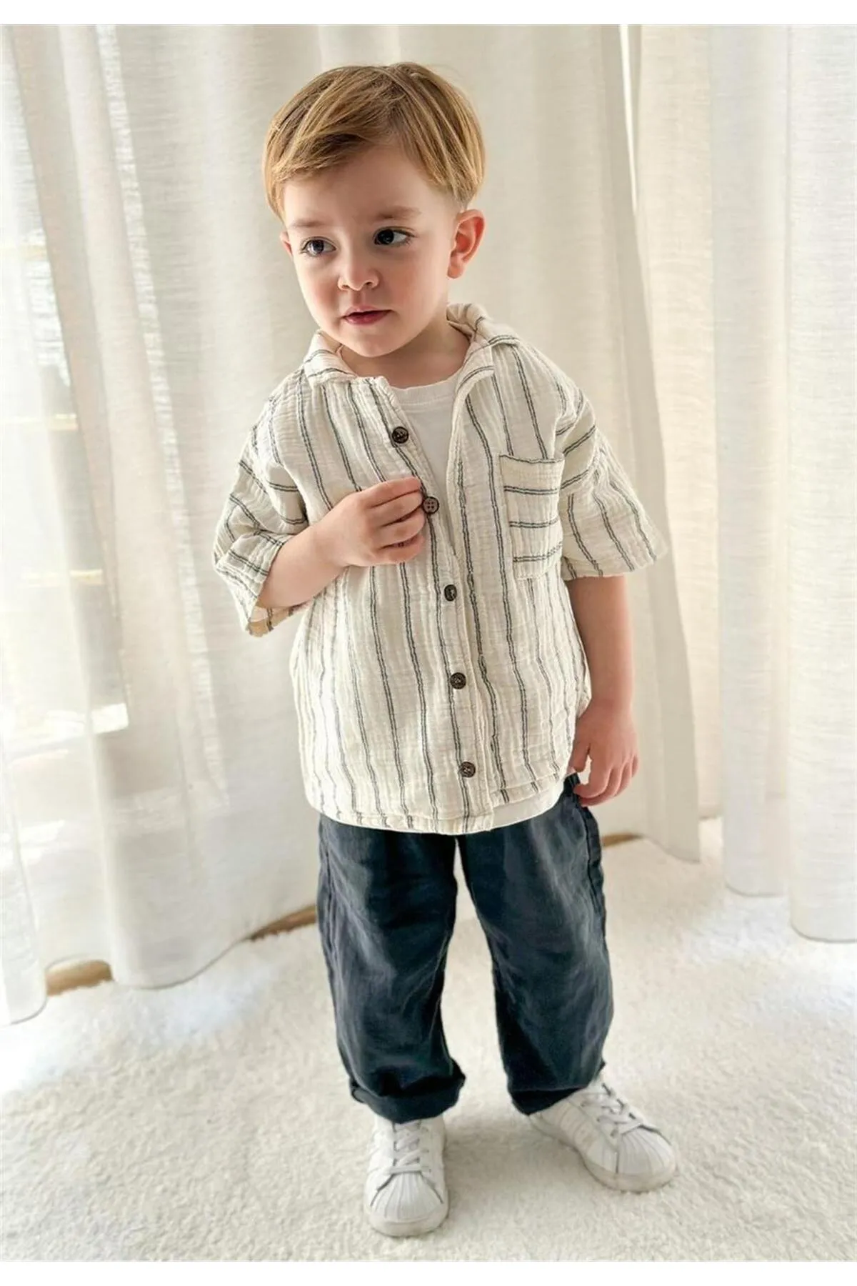 Cigit  Hawaii-Musselin-Hemd-Set, 2–8 Jahre, doppelt gestreift