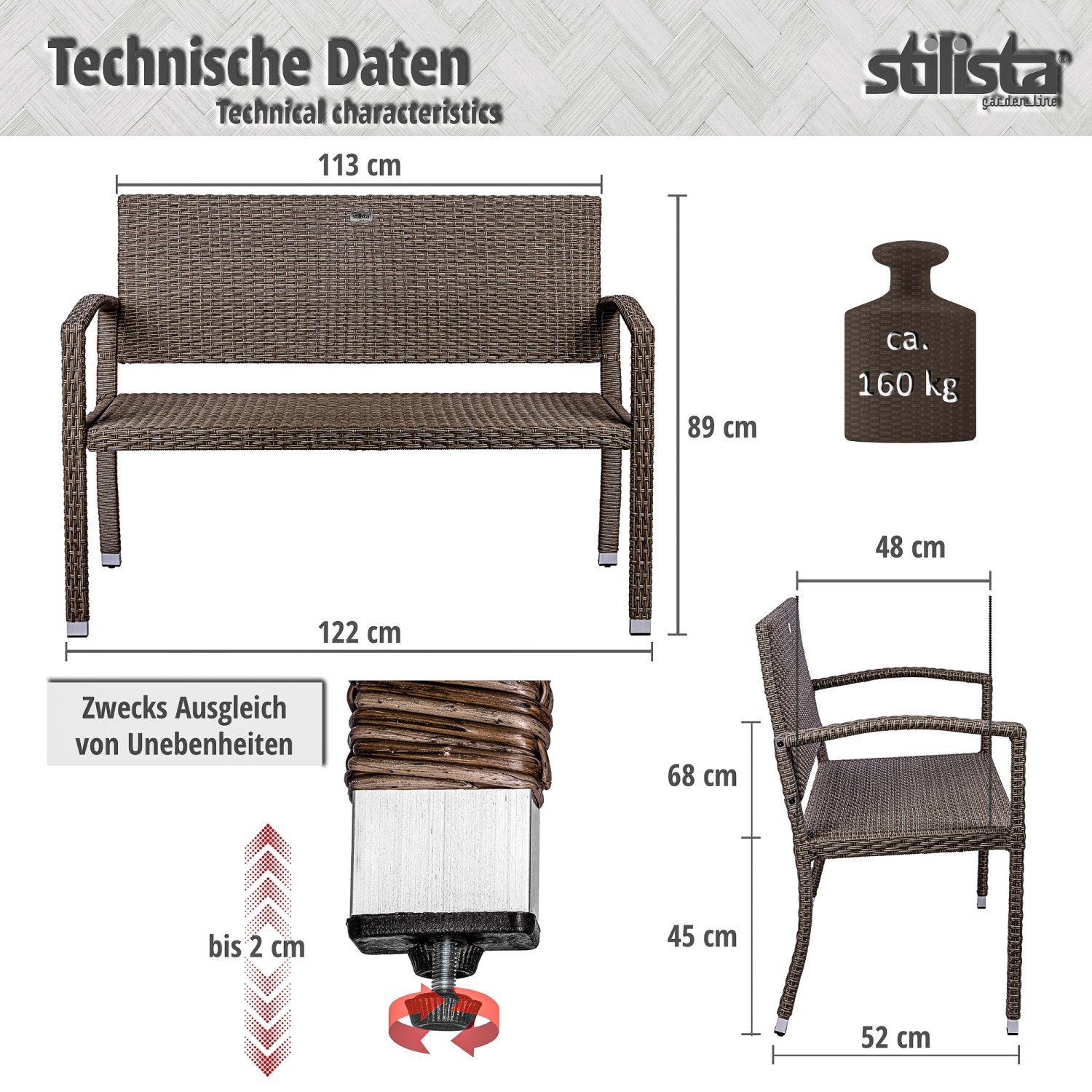 STILISTA Gartenbank 2-Sitzer Sitzbank Parkbank Rattanbank, aus UV-beständigem Polyrattan-Geflecht, 122 x 52 x 89 cm, Farbwahl