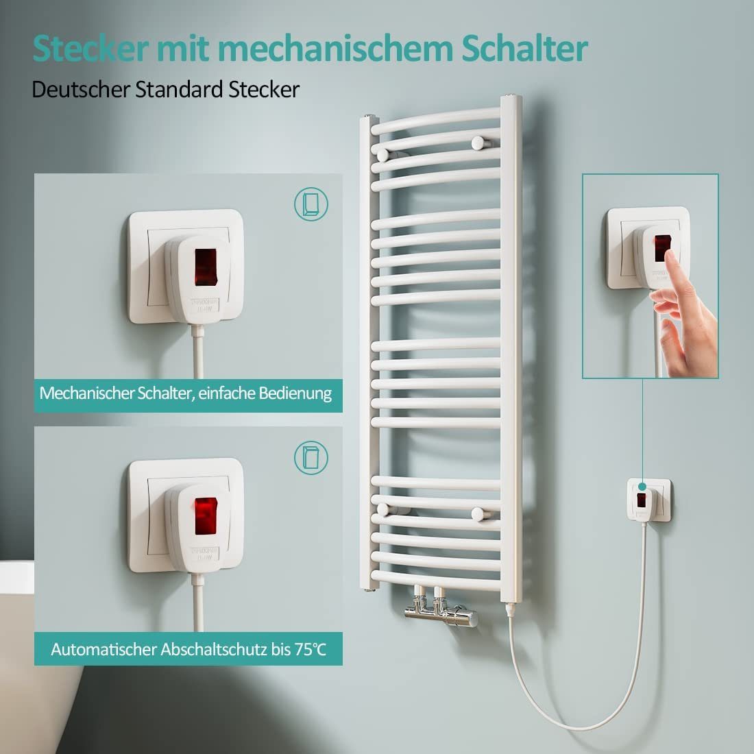 EMKE Heizstab EMKE Heizstab Heizpatrone für Badheizkörper mit Stecker und Schalter